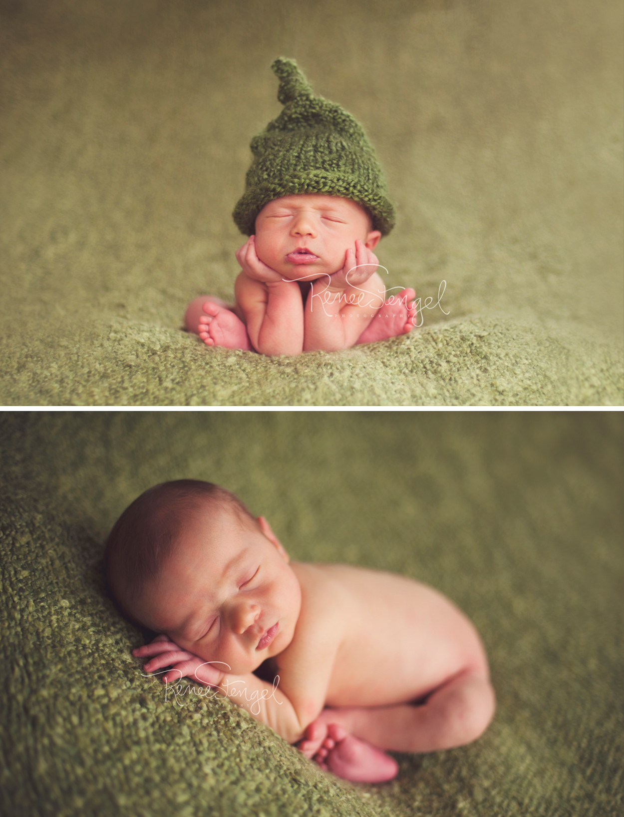 Newborn froggy pose in green knotted hat and newborn taco pose on green blanket