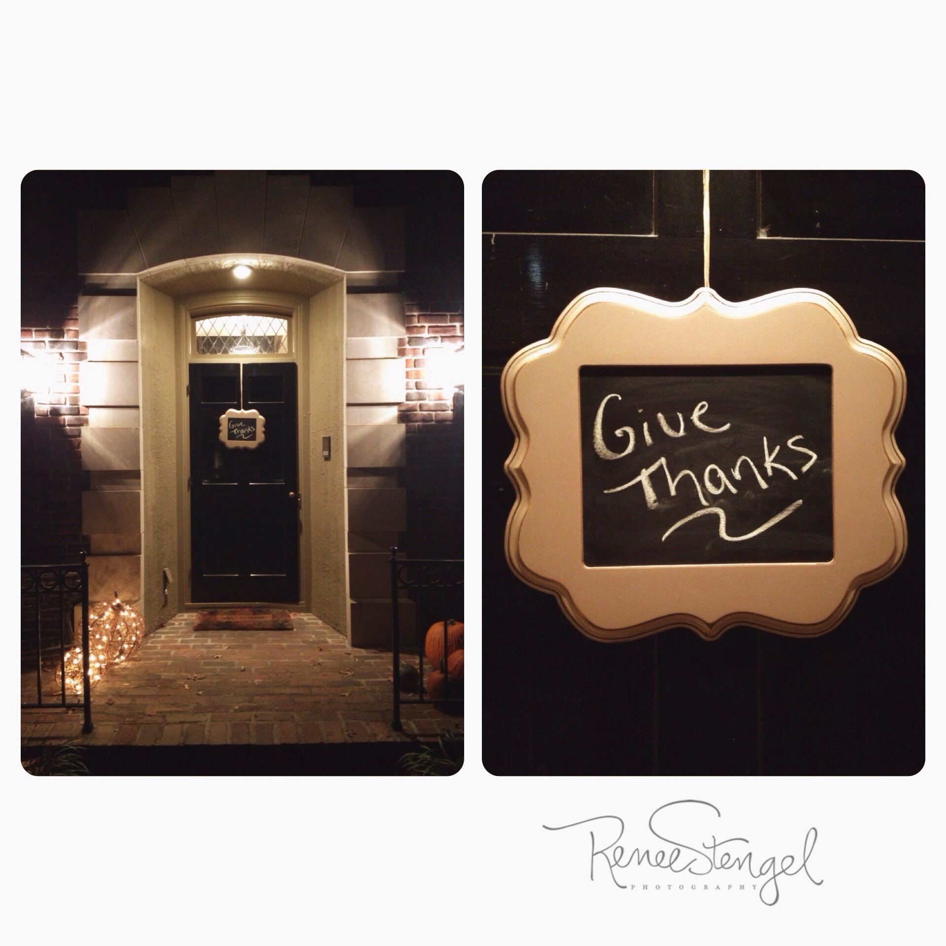 Organic Bloom Eva in Metallic Taupe with Brown Glaze as Front Door Chalk Board Wreath "Give Thanks"