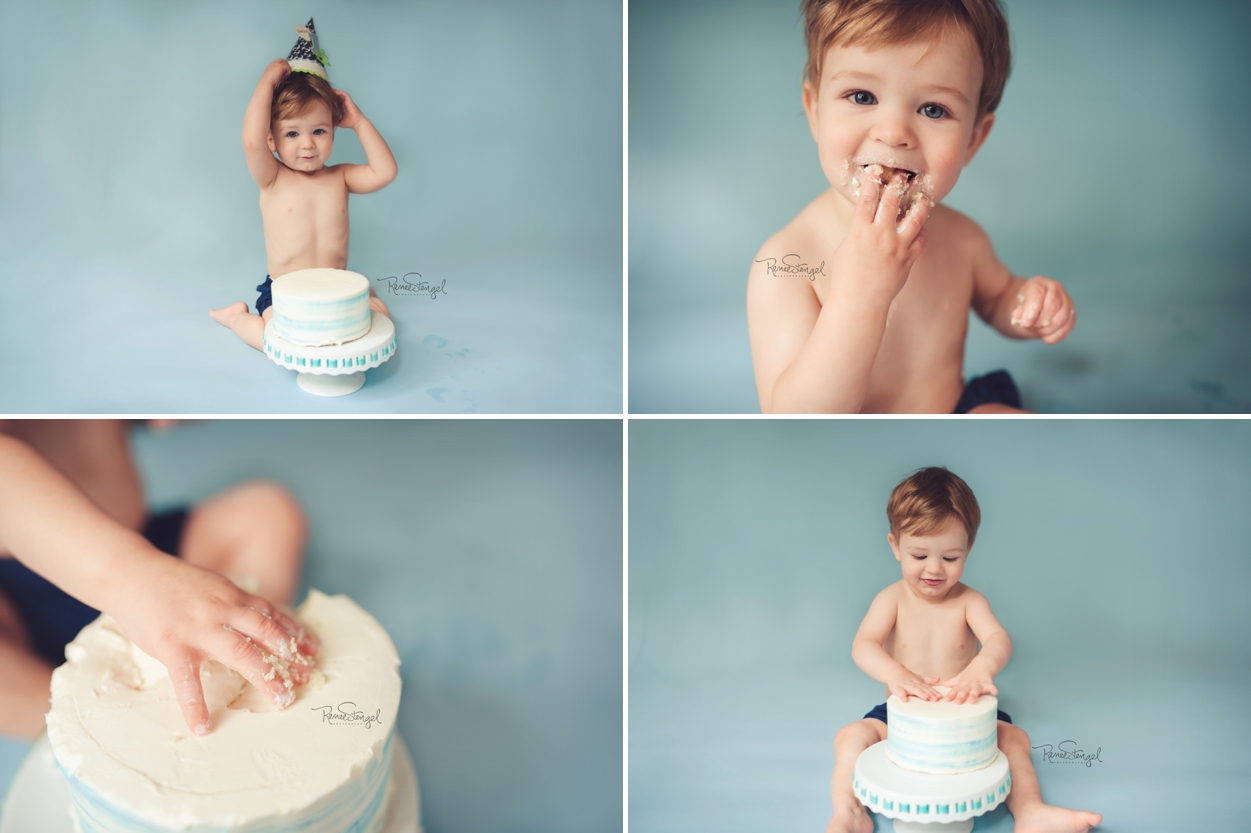 Baby Boy in Blue 1st Birthday Cake Smash by RENEE STENGEL Photography | Charlotte Underwater and Portrait Photographer |