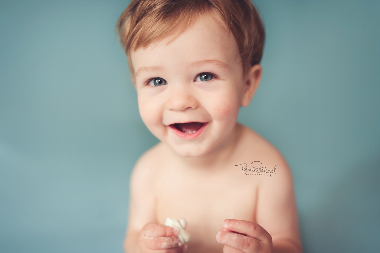 Baby Boy in Blue 1st Birthday Cake Smash by RENEE STENGEL Photography | Charlotte Underwater and Portrait Photographer |