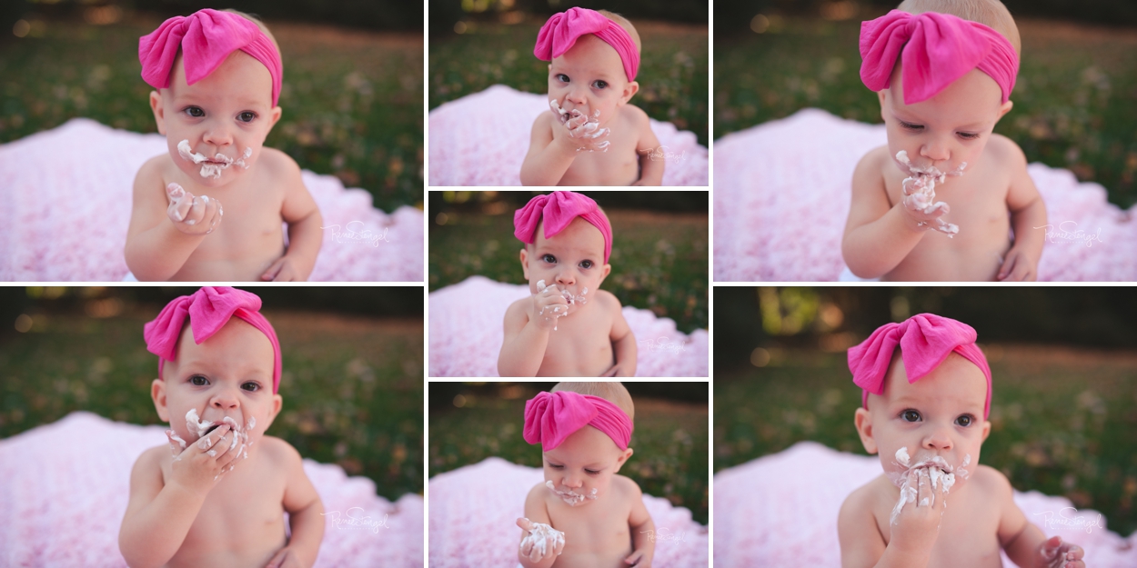 Baby Girl eating her first birthday cake during her Outdoor Cake Smash in Pink by RENEE STENGEL Photography | Charlotte Underwater and Portrait Photographer | 