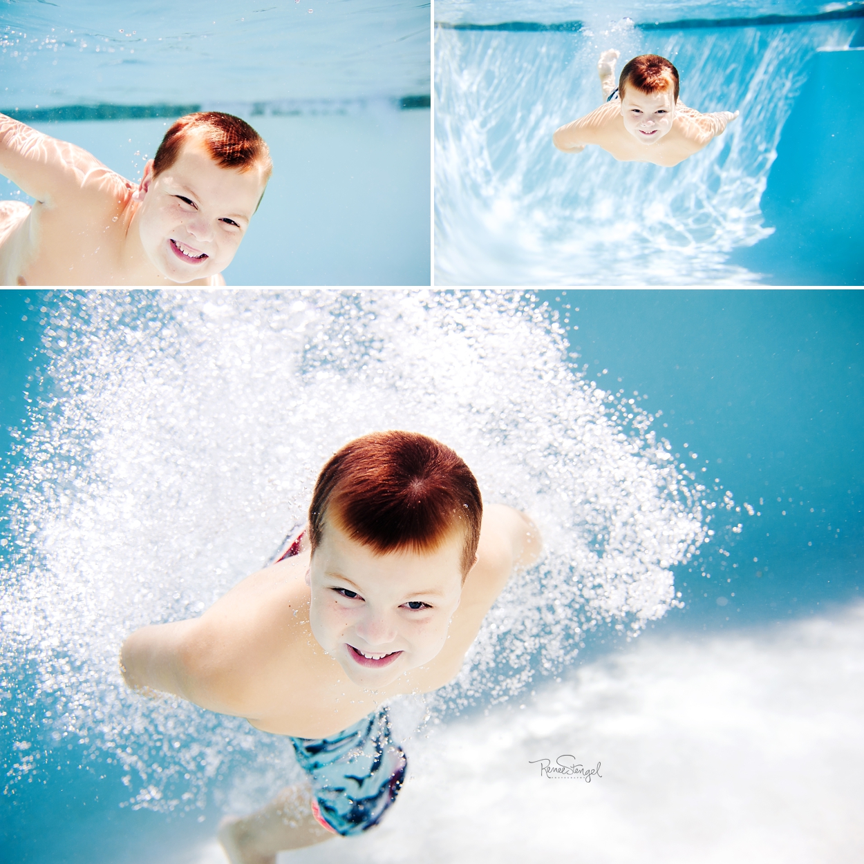 RENEE STENGEL Photography | Charlotte Portrait and Underwater Photographer | Underwater Swimmer Boy | Pool Cannonball Splash and Bubbles