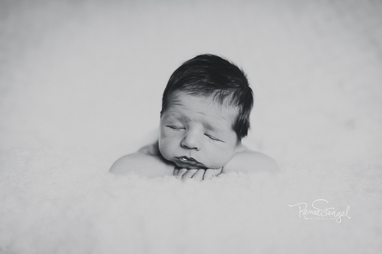 Newborn Boy posed with Head on Hands by RENEE STENGEL Photography | Charlotte Portrait and Underwater Photographer