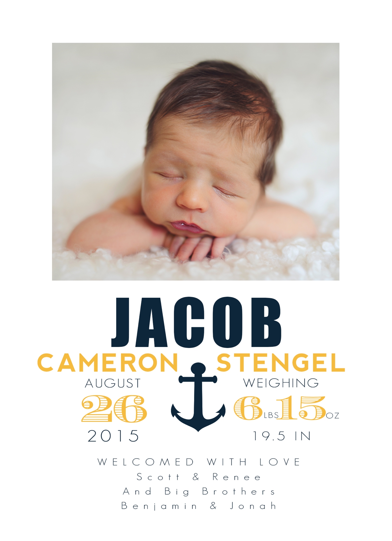Newborn Nautical Baby Announcement for Jacob with Navy and Gold Anchor from Jamie Schultz Designs ~ Welcomed with Love photographed by RENEE STENGEL Photography | Charlotte Portrait and Underwater Photographer | 