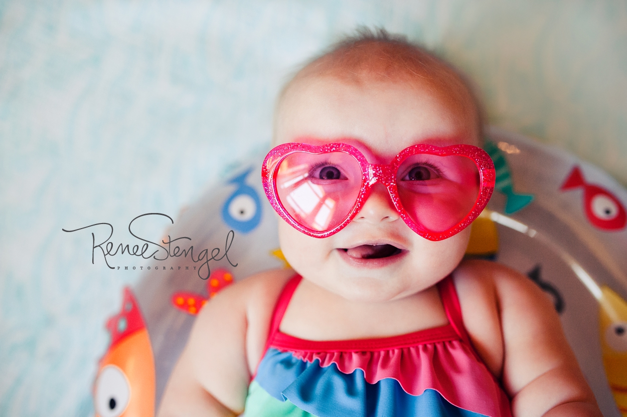 RENEE STENGEL Photography | Charlotte Portrait and Underwater Photographer | Six Month Beach Baby with Sunglasses and Swimsuit