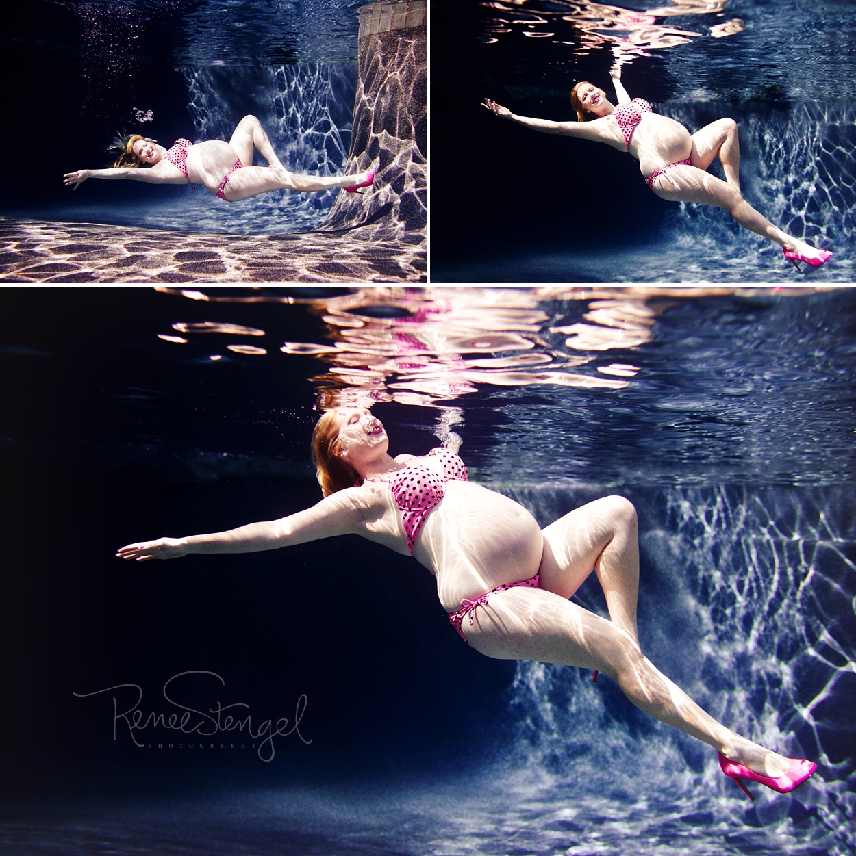 RENEE STENGEL Photography | Charlotte Portrait and Underwater Photographer | Underwater Maternity Pink Polka Dot Bikini