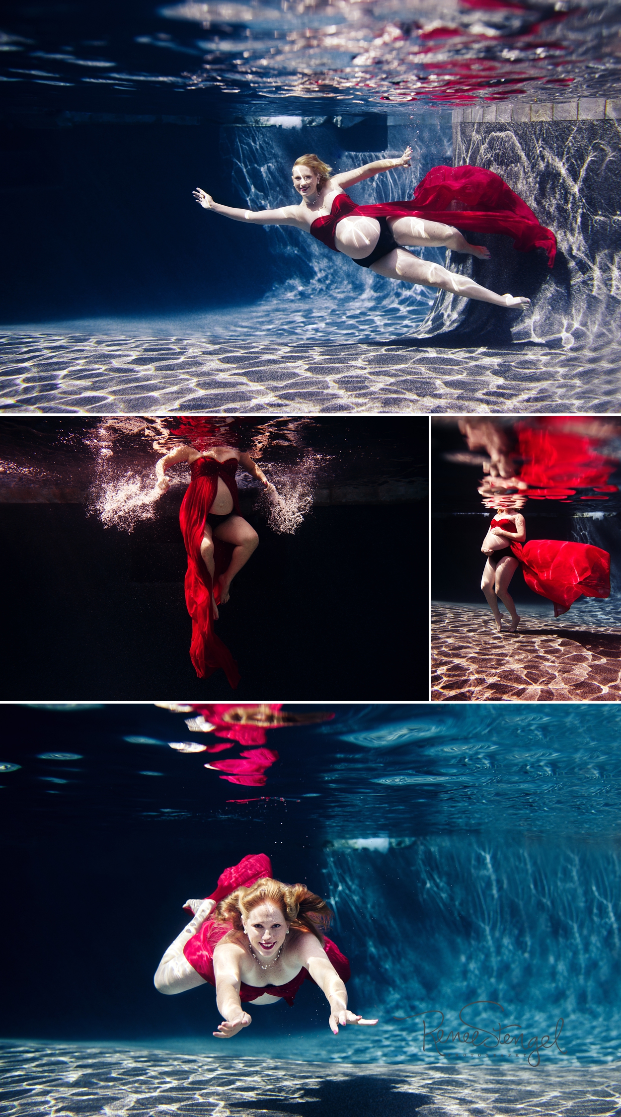 RENEE STENGEL Photography | Charlotte Portrait and Underwater Photographer | Underwater Maternity in Red Flowy Gown