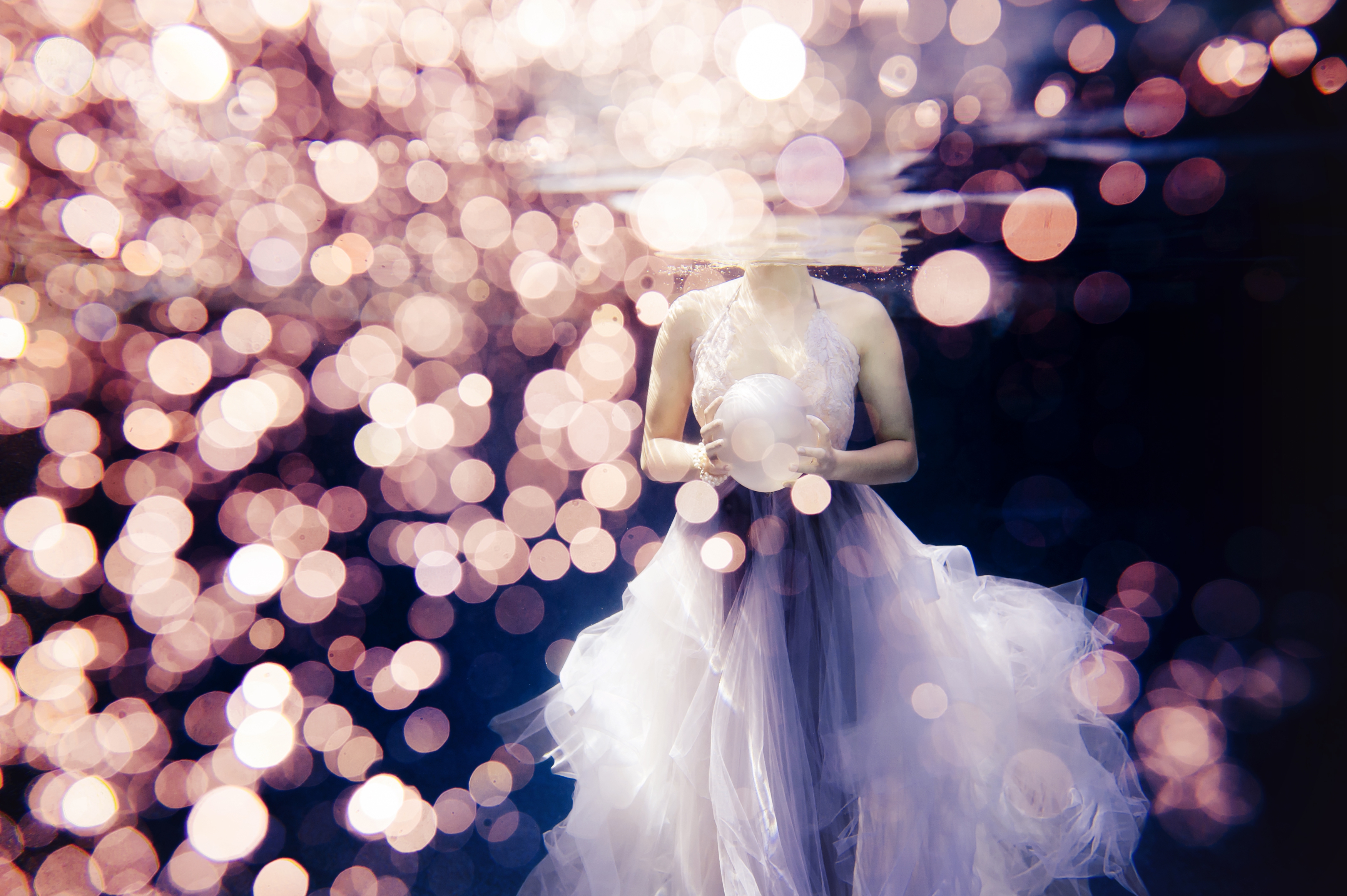 Charlotte Underwater Bride in Purple Dress with Pink and Lavender Bokeh Bubbles and White Orb | by RENEE STENGEL Photography