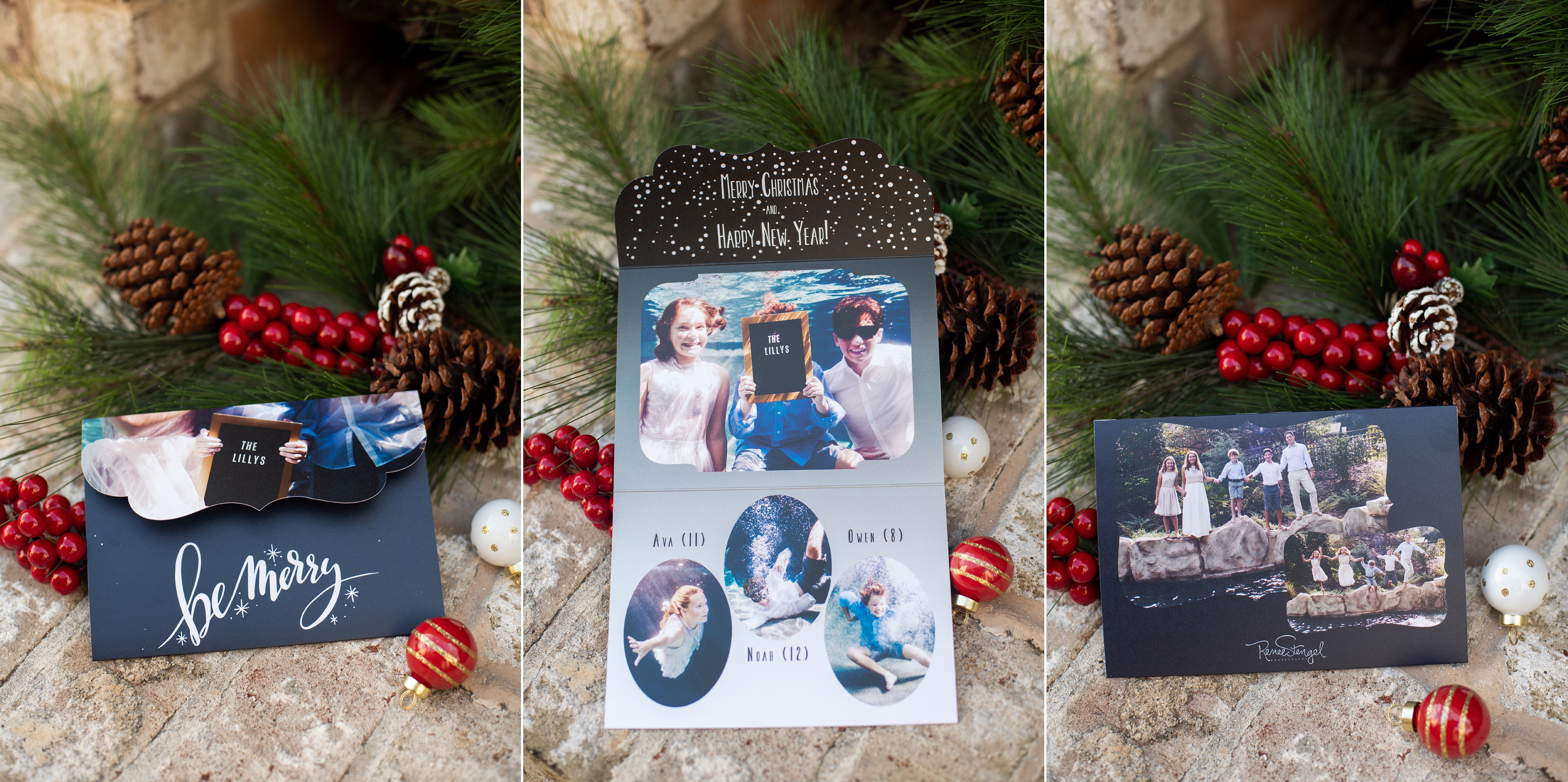 RENEE STENGEL Photography | Charlotte Underwater and Portrait Photographer | Holiday Card Custom Design Trifold Ombre Navy Underwater Family