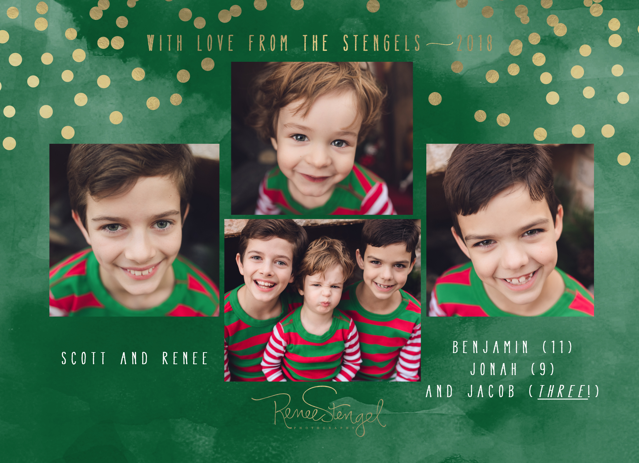 RENEE STENGEL Photography | Charlotte Underwater and Portrait Photographer | Holiday Card Custom Design Green and Gold Dots