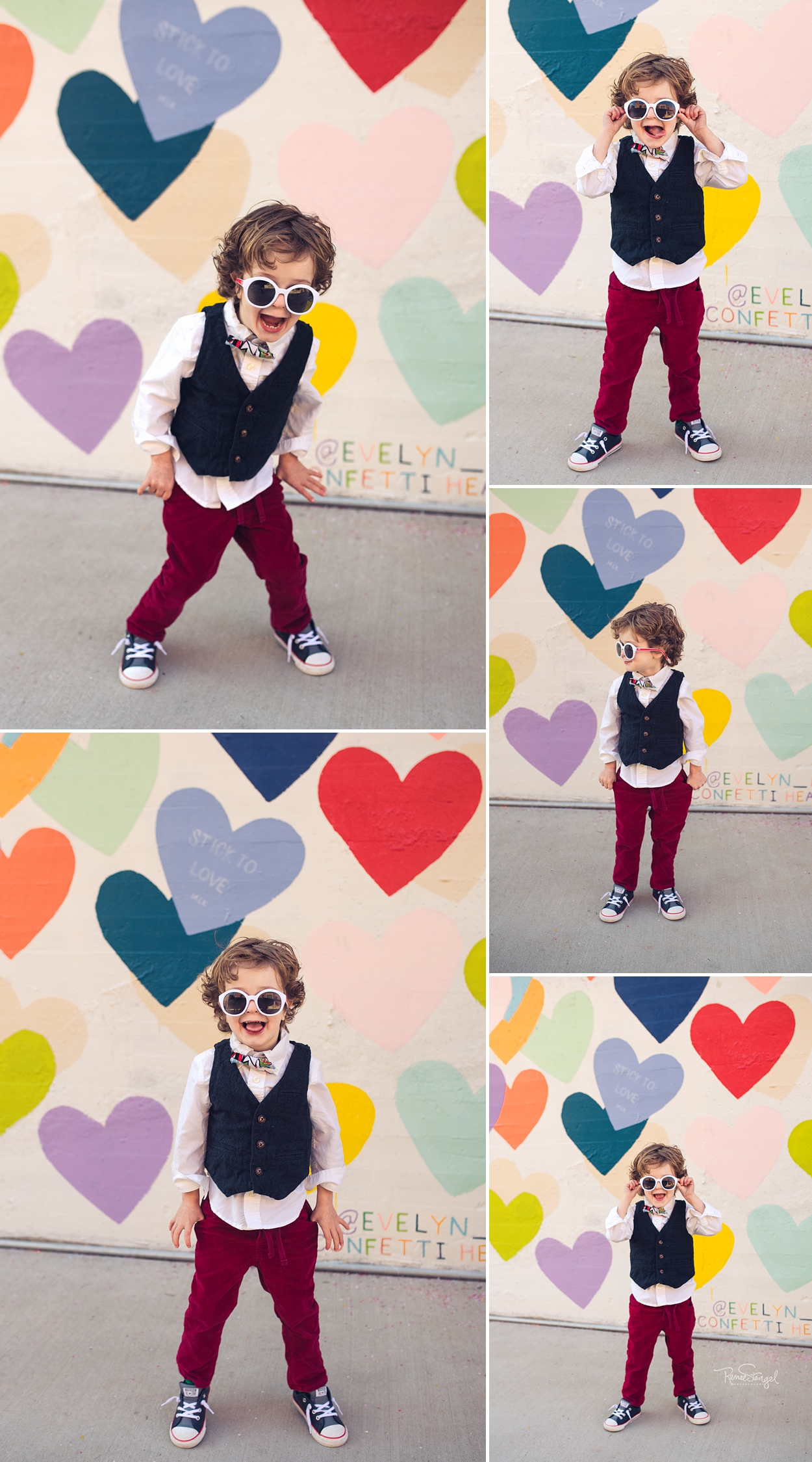 Cool Dancing Toddler in Red pants, Grey Vest and Bow Tie at Charlotte's Confetti Hearts Wall