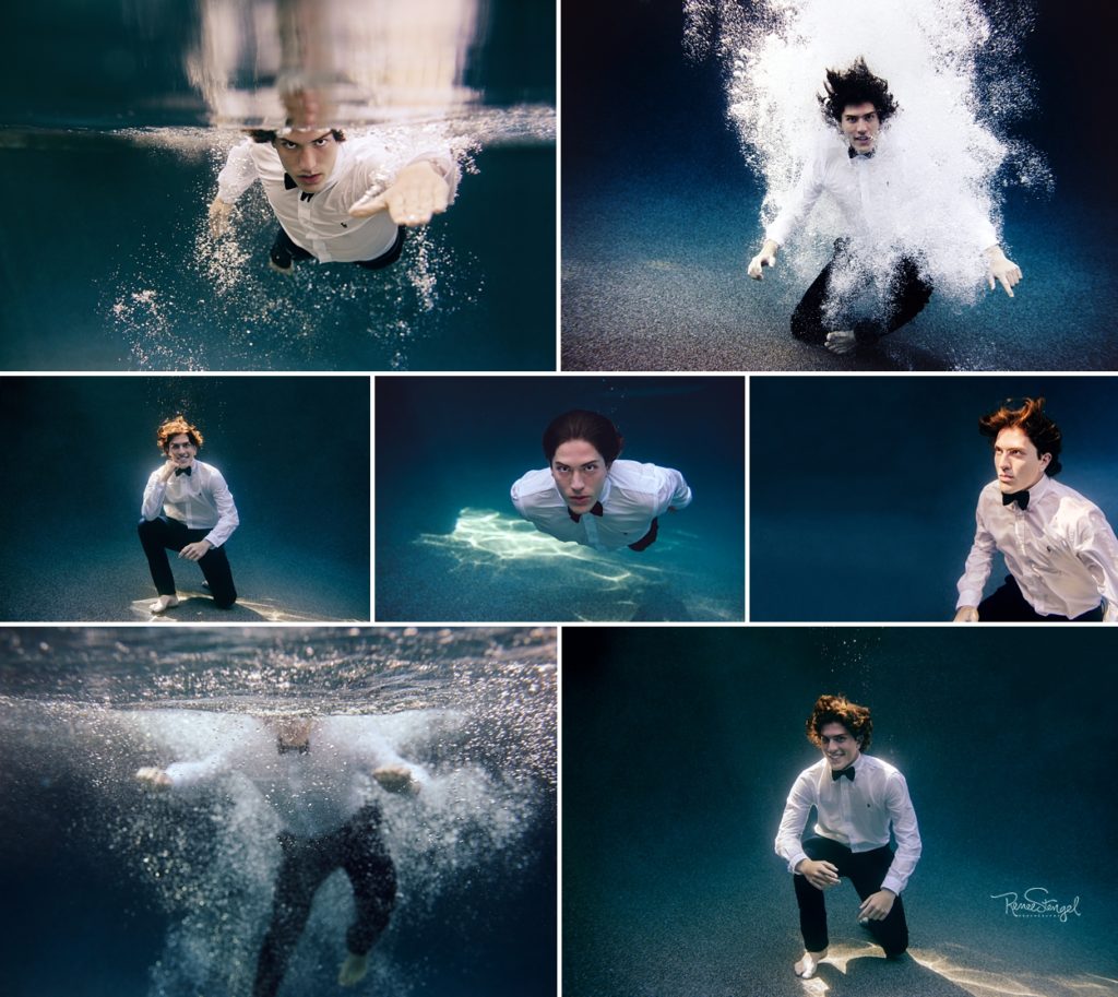 Underwater Senior Teen Boy in White Shirt Tuxedo with Bubbles at Bottom of pool and swimming