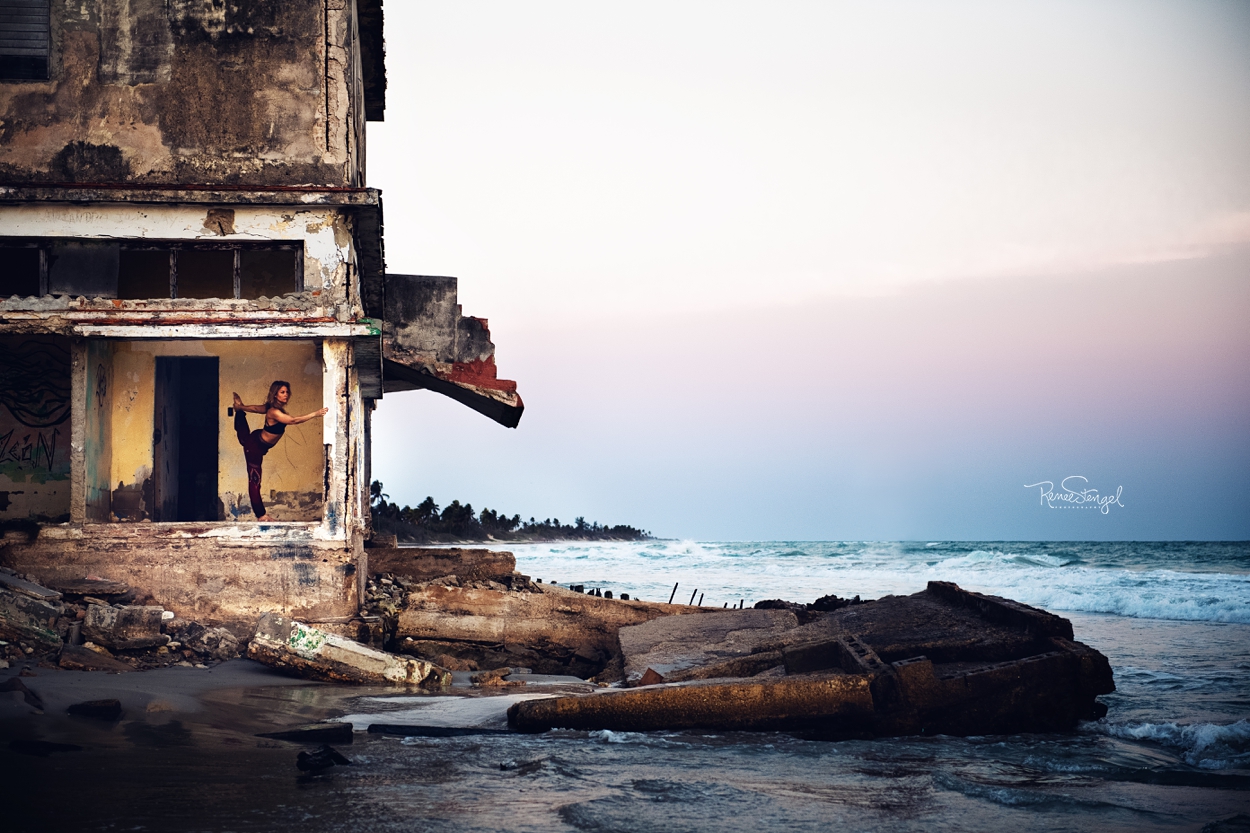 Sunrise Beach Yoga in crumbling old building beaten down by crashing sea waves outside Havana Cuba RENEE STENGEL Photography | Charlotte Underwater and International Travel Photographer |