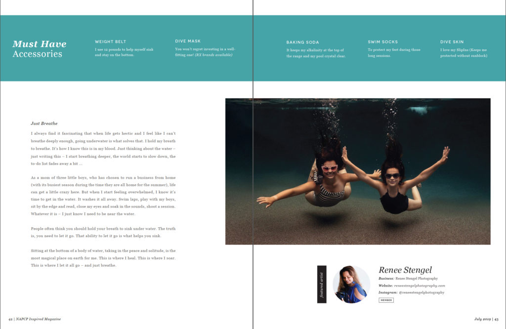 NAPCP INSPIRED Magazine Feature Article "Let's Dive In! Underwater Introduction and Inspiration" by Renee Stengel Photography, Award Winning Underwater Photographer based in Charlotte North Carolina