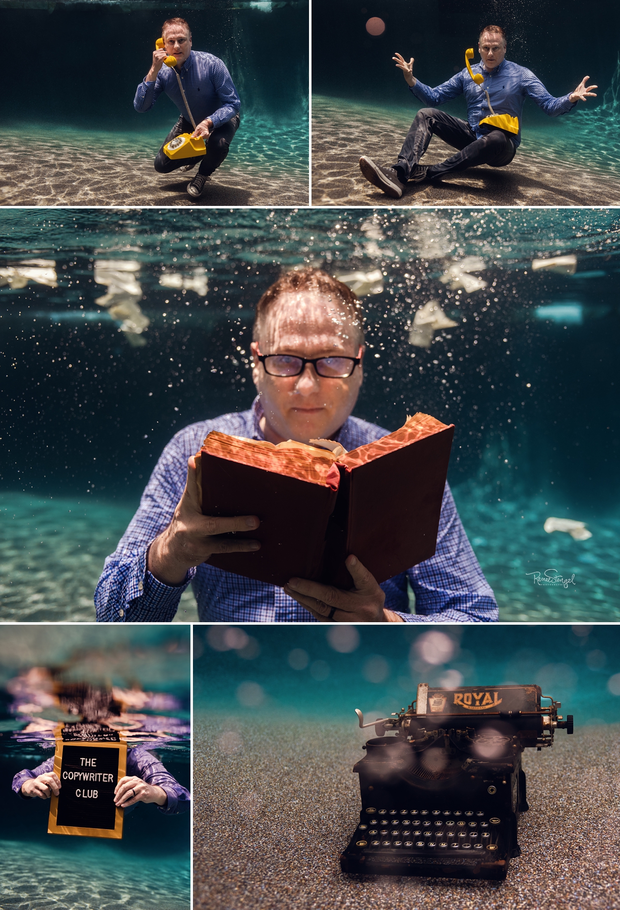 Rob Marsh, CoFounder of The Copywriter Club with Books and Vintage Yellow Phone Underwater