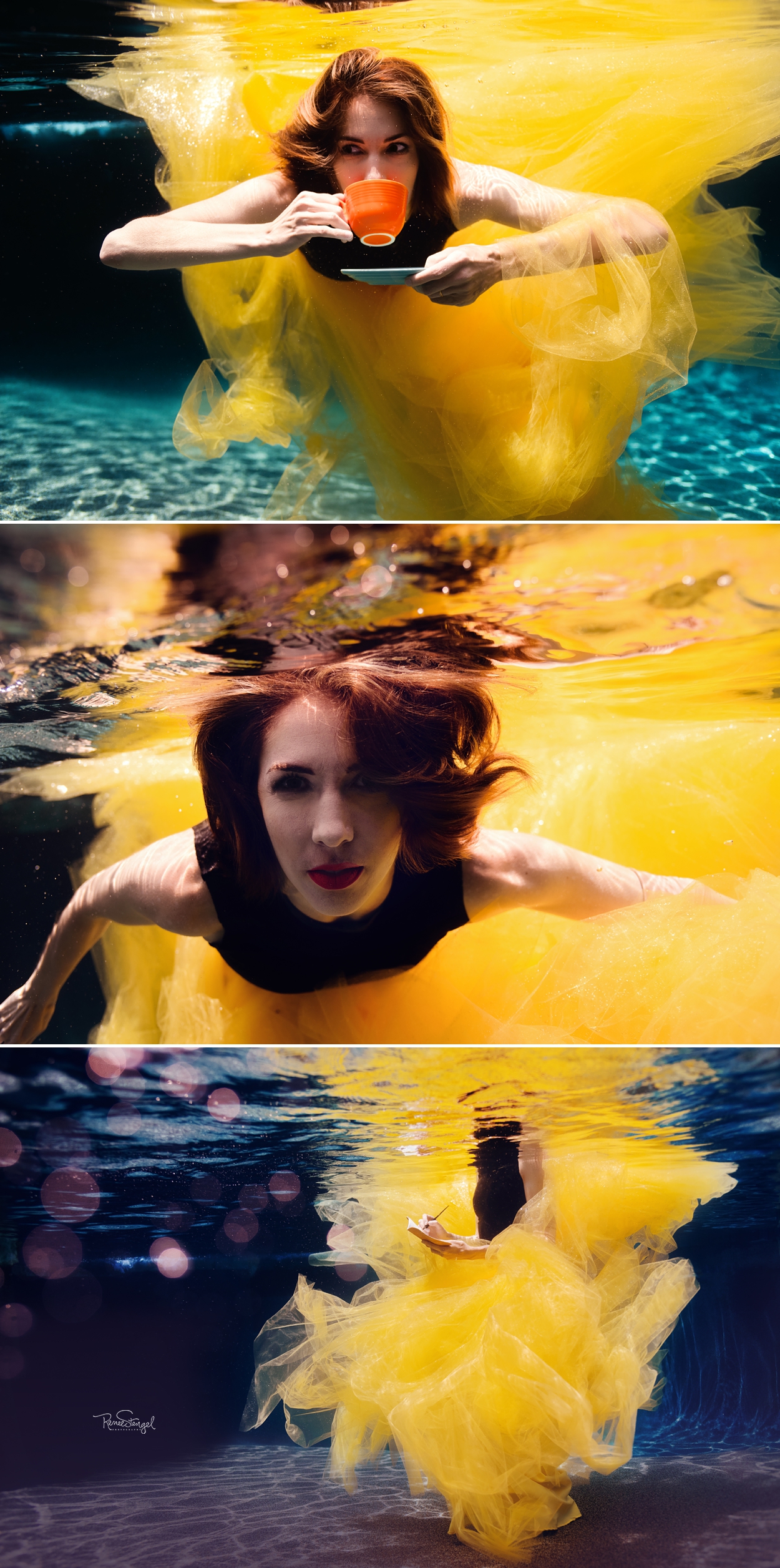 Woman swimming underwater in Yellow | Blue, Teal, Purple and Yellow