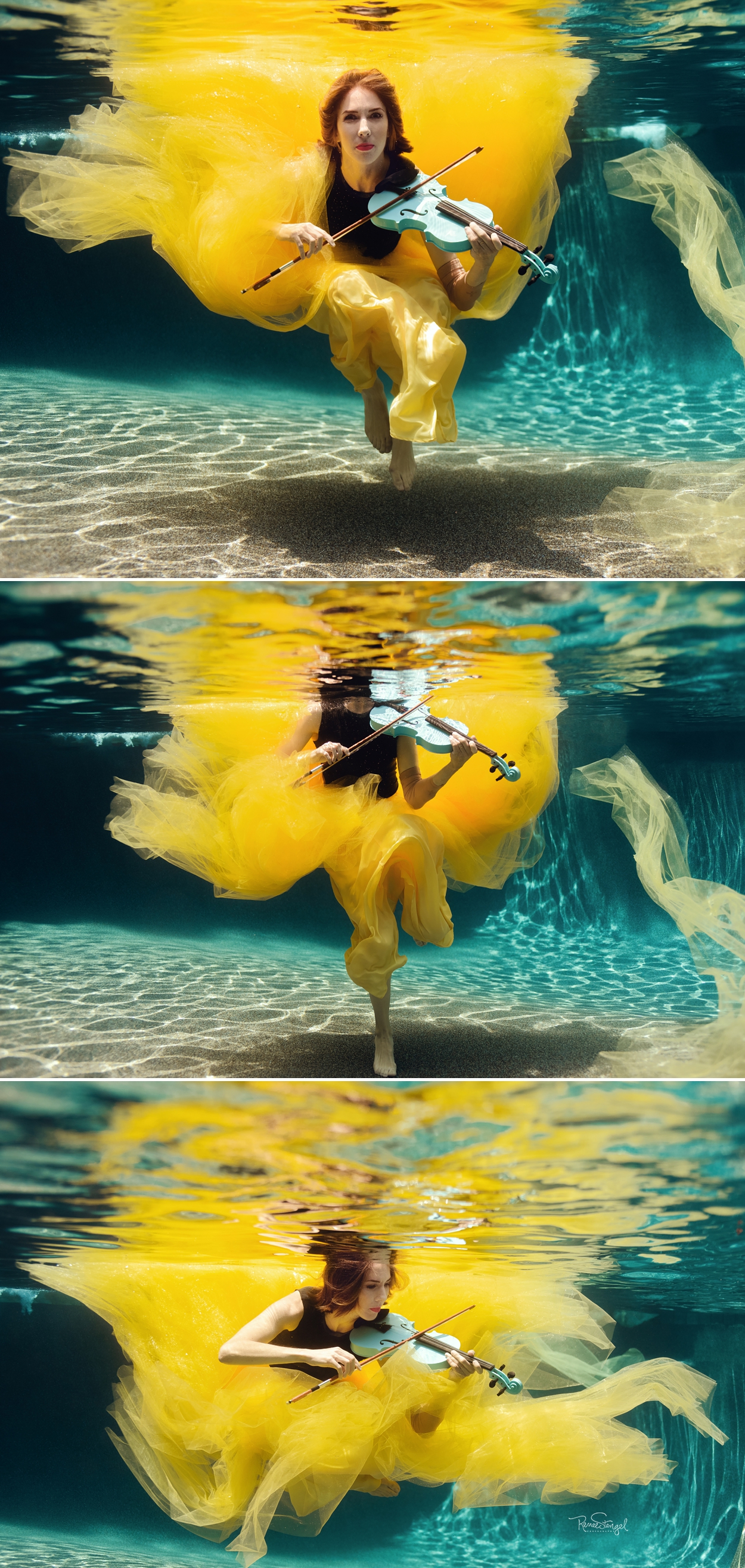 Copywriter Club's Kira Hug playing a teal Violin Underwater in Yellow Tulle dress from RCB Fashion