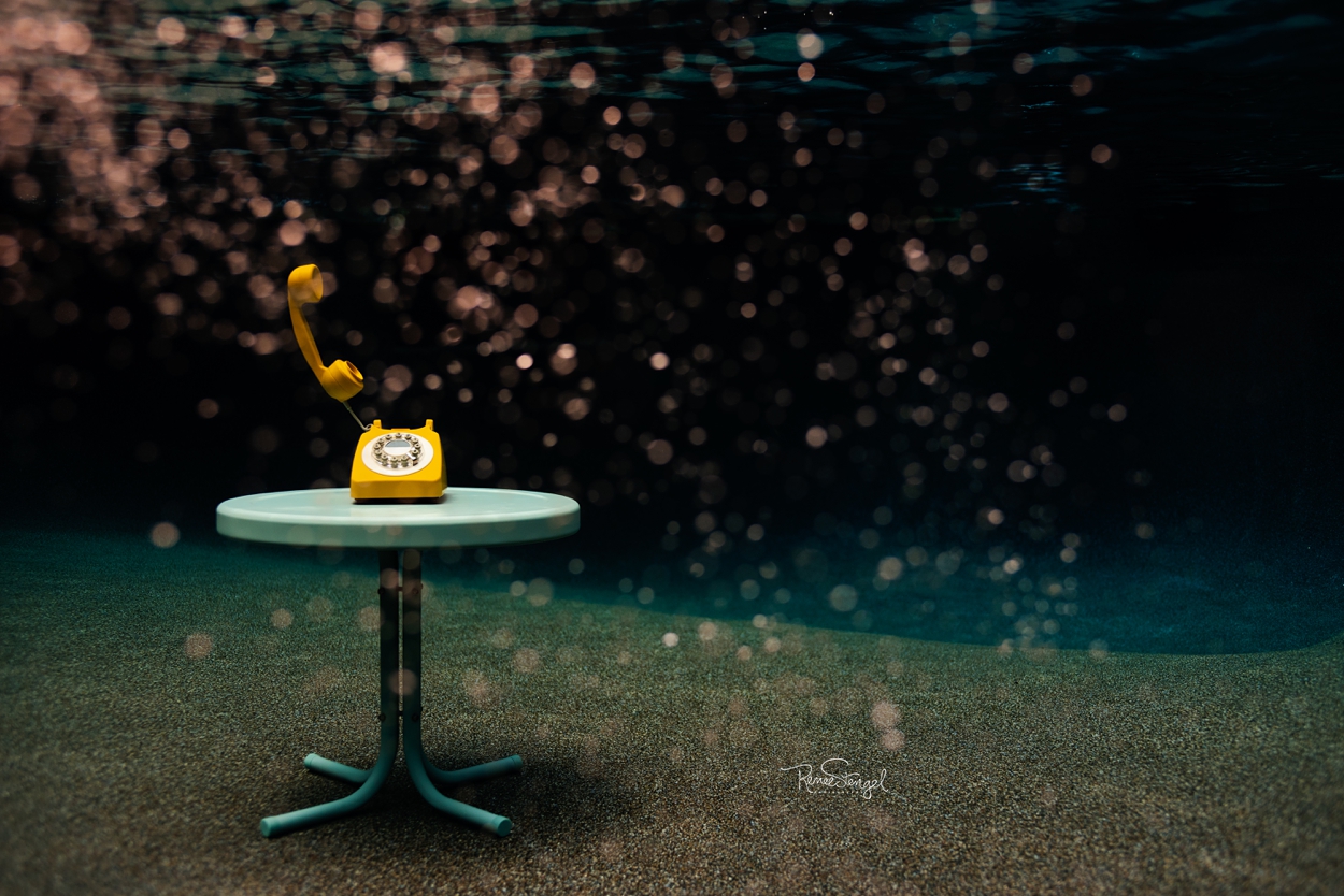 Underwater Fine Art Photo of Teal Table with Vintage Yellow Phone