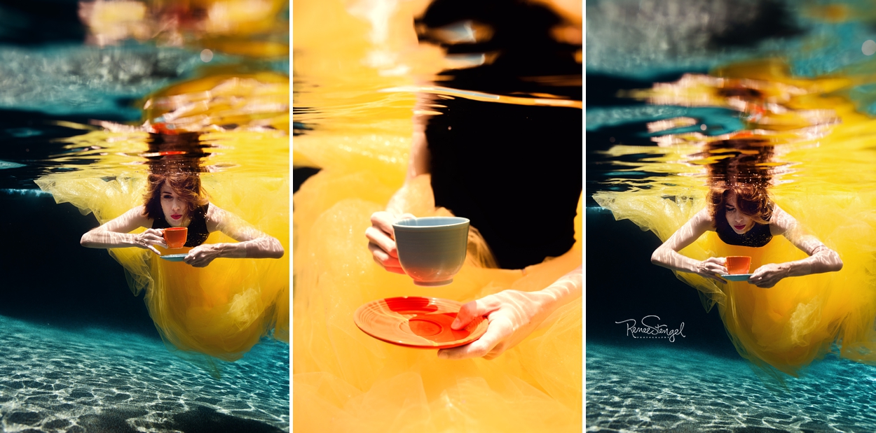 Breakfast at Tiffany's Style Underwater Fashion Images of Woman Drinking Tea Underwater in Yellow Tulle