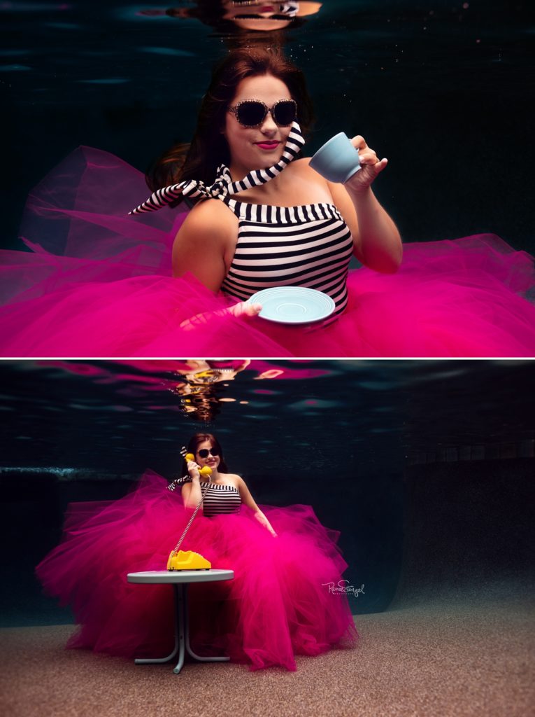 Underwater Senior in Pink Tulle Breakfast at Tiffany's Style with Tiffany Blue table and Fiestaware Tea Cup and Vintage Yellow Telephone