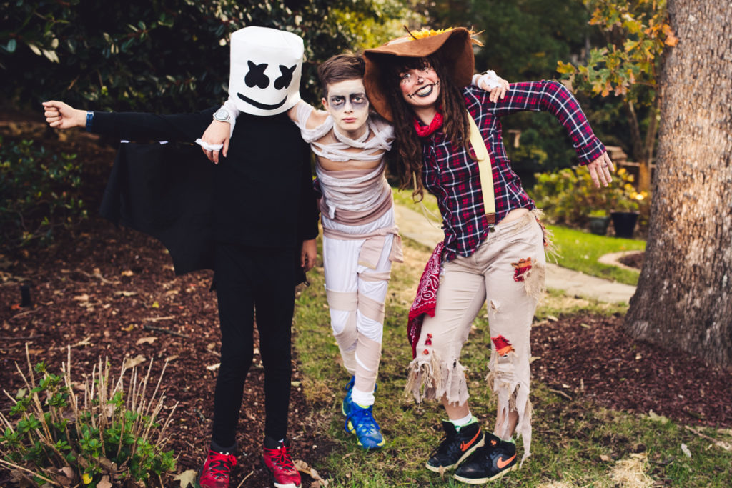 Marshmello Head and Mummy Tweens with a super Cool Scarecrow! Some serious Halloween Fun!! | Renee Stengel Photography | Charlotte NC Underwater and Family Photographer