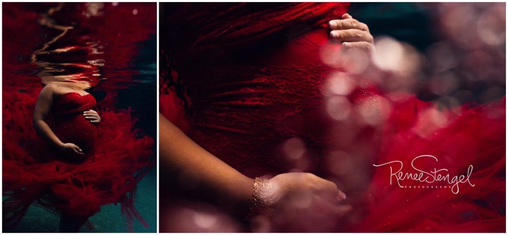 Underwater Maternity in Dramatic Sew Whimsey Red Celine Couture Tulle and Lace Gown 