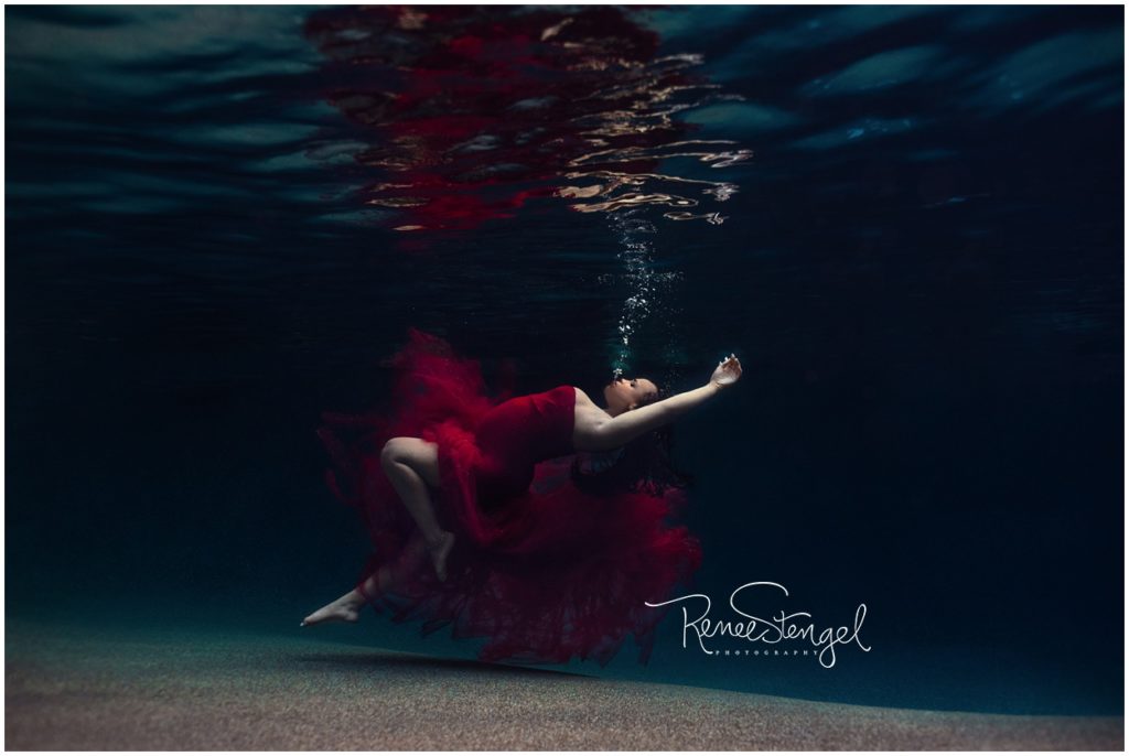 Underwater Maternity in Dramatic Sew Whimsey Red Celine Couture Tulle and Lace Gown