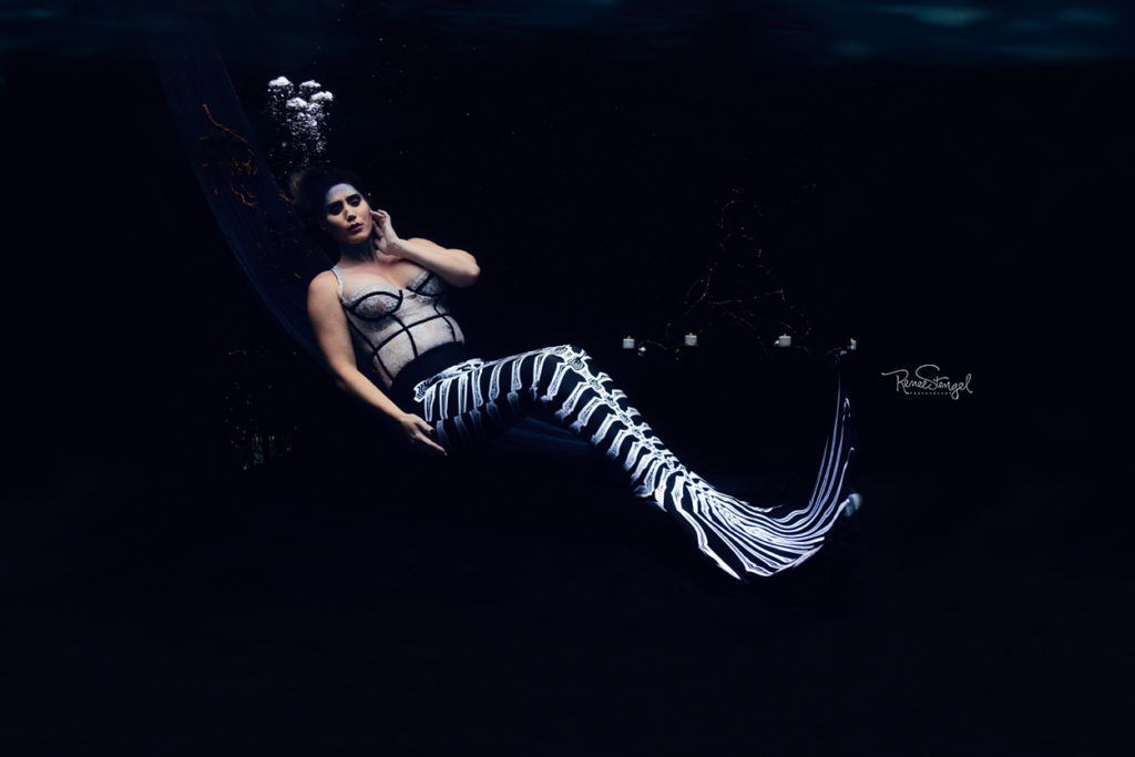 Finfolk Halloween Skeleton Mermaid pointing seductively