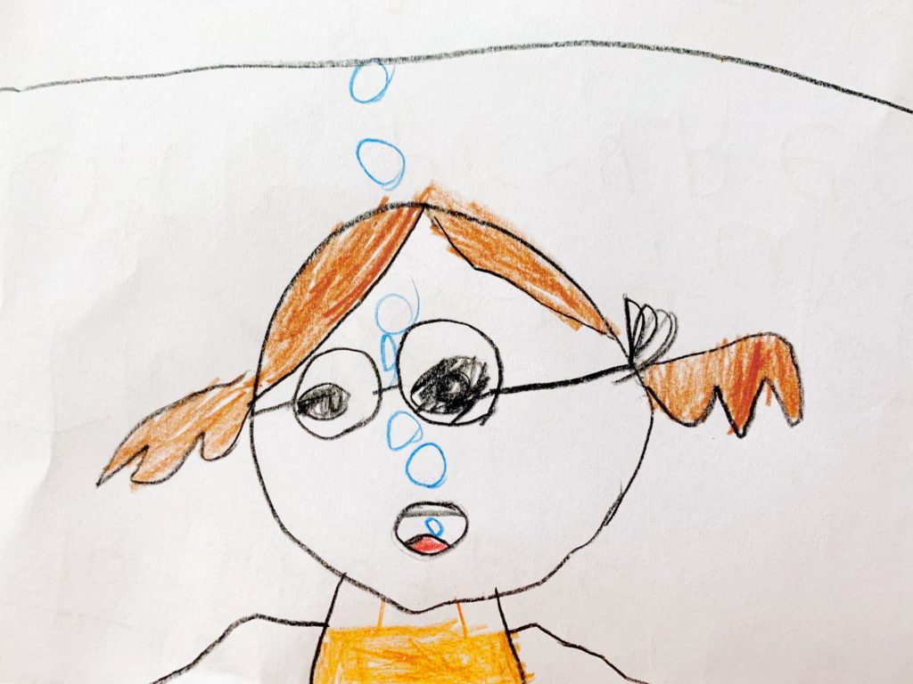 Drawing of Little Girl Blowing Bubbles Underwater in Goggles