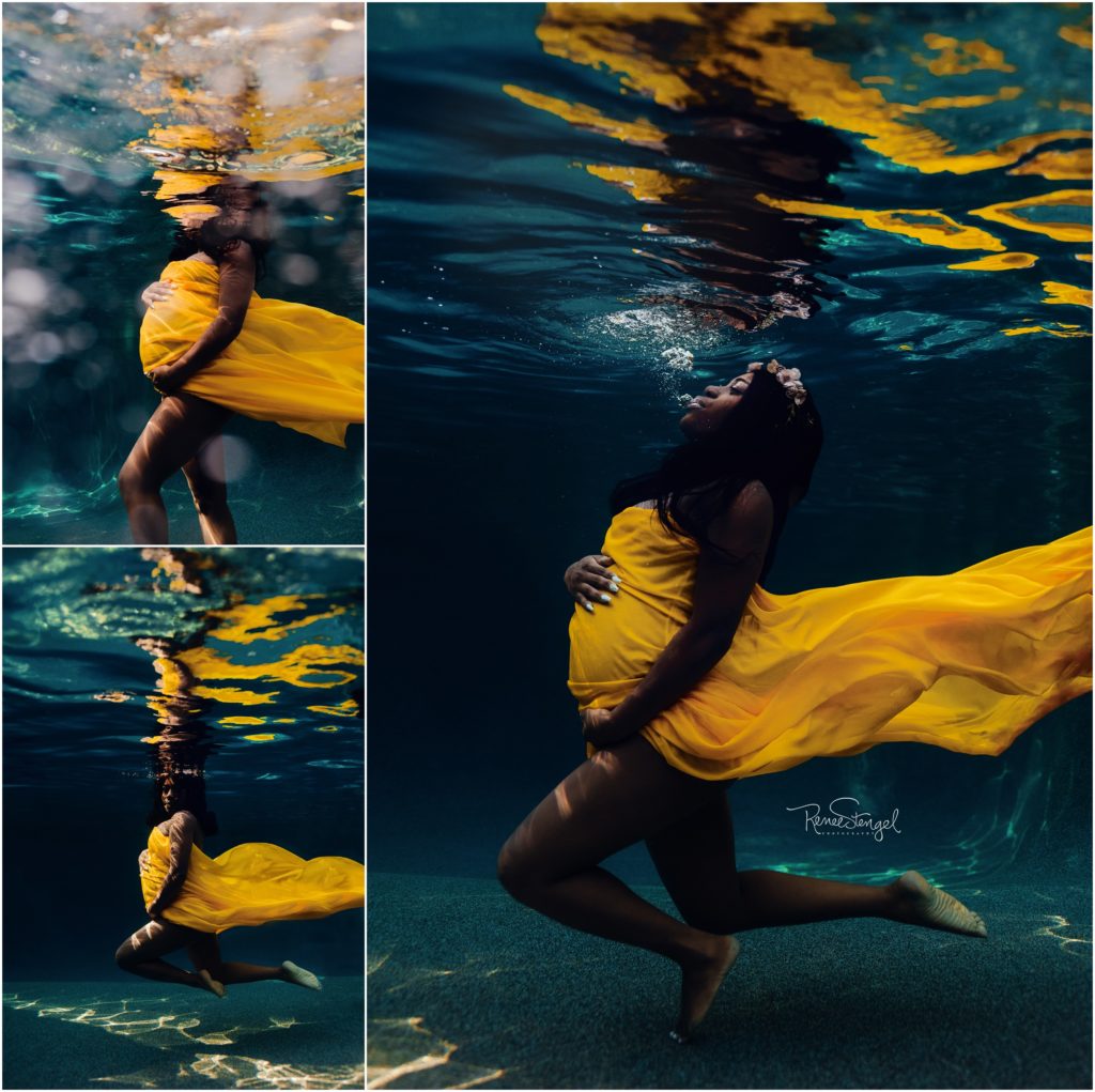 Black Mama who Can’t Swim took Amazing Underwater Maternity Photos using Golden Yellow Chiffon in a deep blue pool