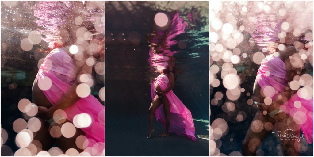 African American Underwater Maternity photos with twinkling bokeh dots in Flowing Pink Chiffon