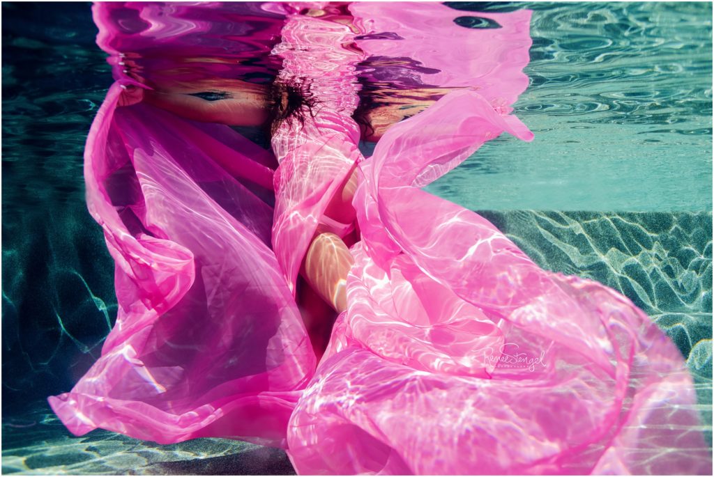 Underwater Maternity Black Goddess in Flowing Pink Chiffon