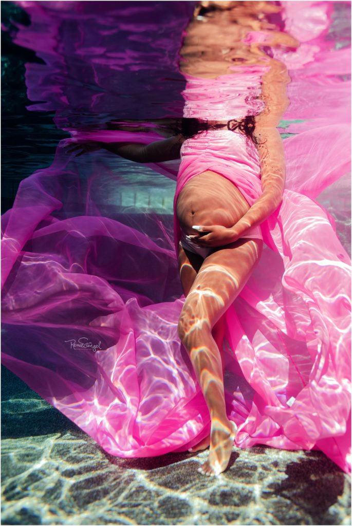 Underwater Maternity Black Goddess in Flowing Pink Chiffon 