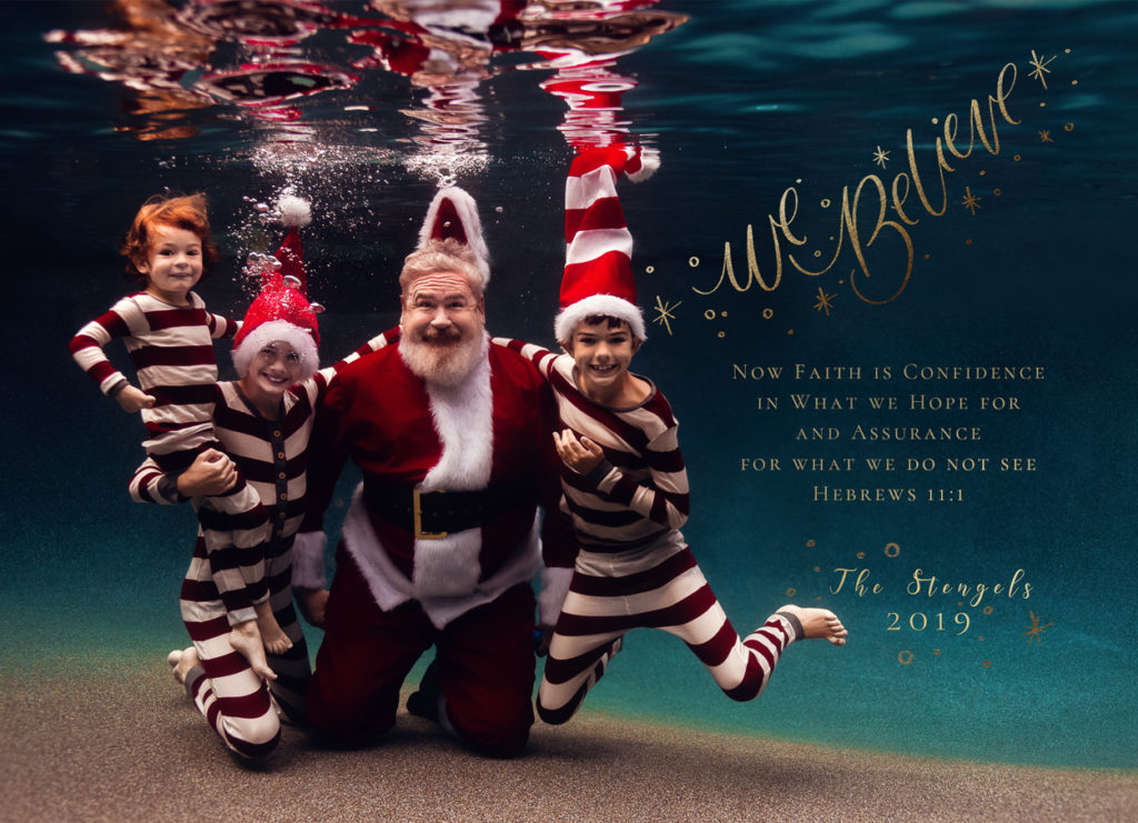 We Believe Underwater Santa with Three Boys Christmas Card