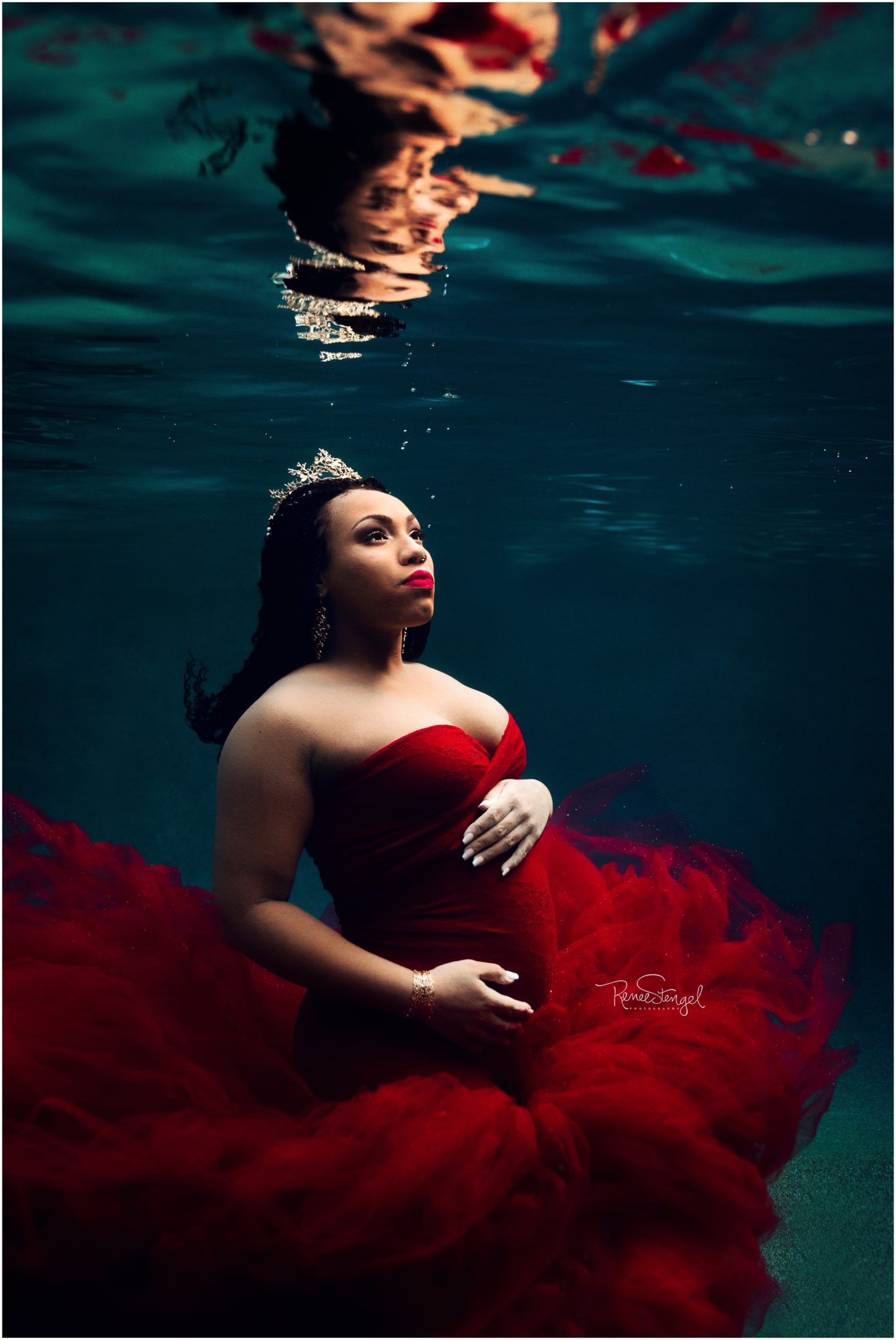 Pregnant African American Underwater with gold crown and Red Tulle Celine Sew Trendy Couture Gown