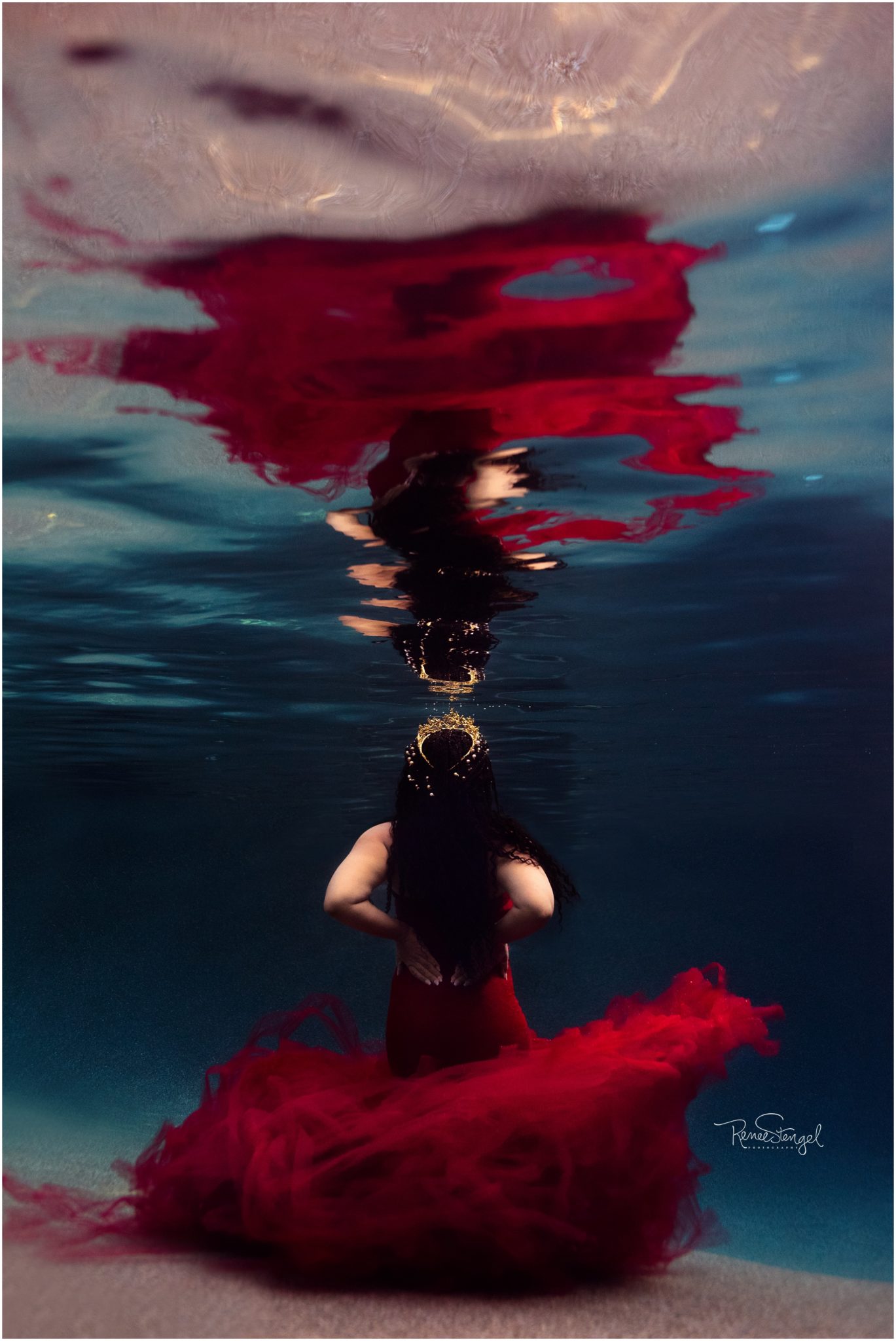 African American from behind Underwater with gold crown in Red Tulle Celine Sew Trendy Couture Gown