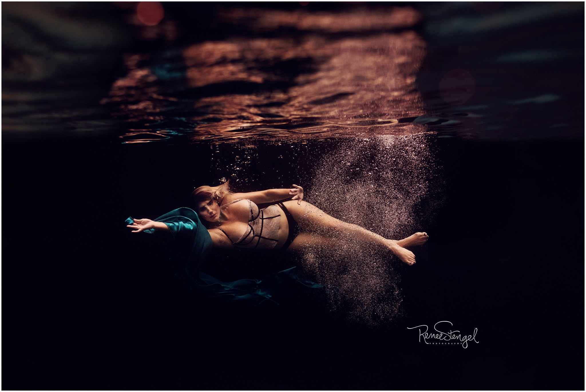 Boudoir Fashion Underwater Portrait Swimming with Teal Fabric