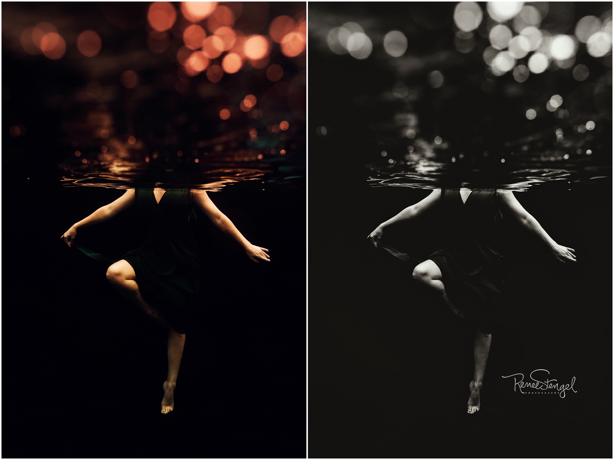 Contemporary Underwater Ballerina Portrait Side by Side Color and Black and White with Bokeh Bubbles