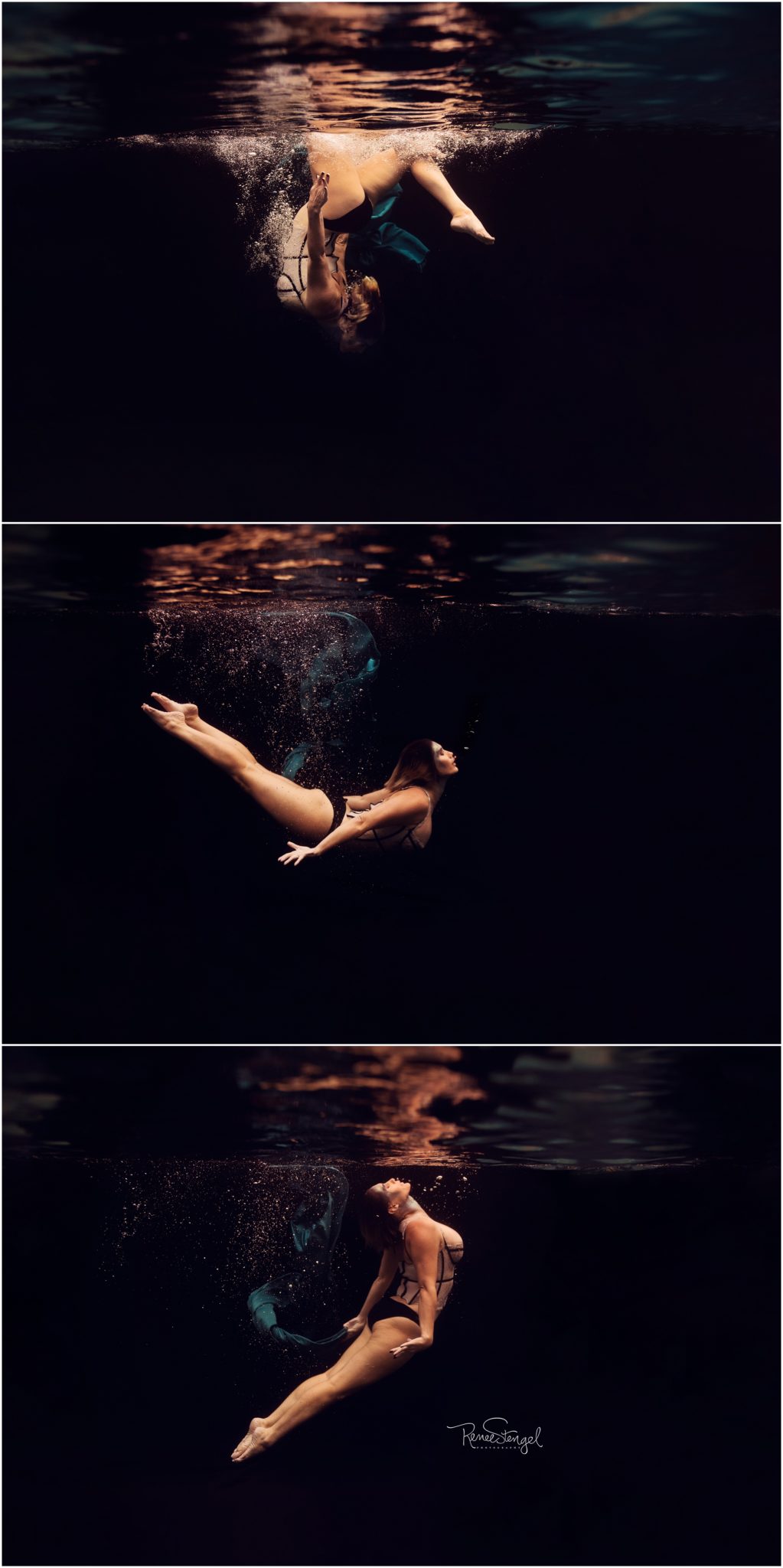 Boudoir Fashion Underwater Portrait Swimming with Teal Fabric