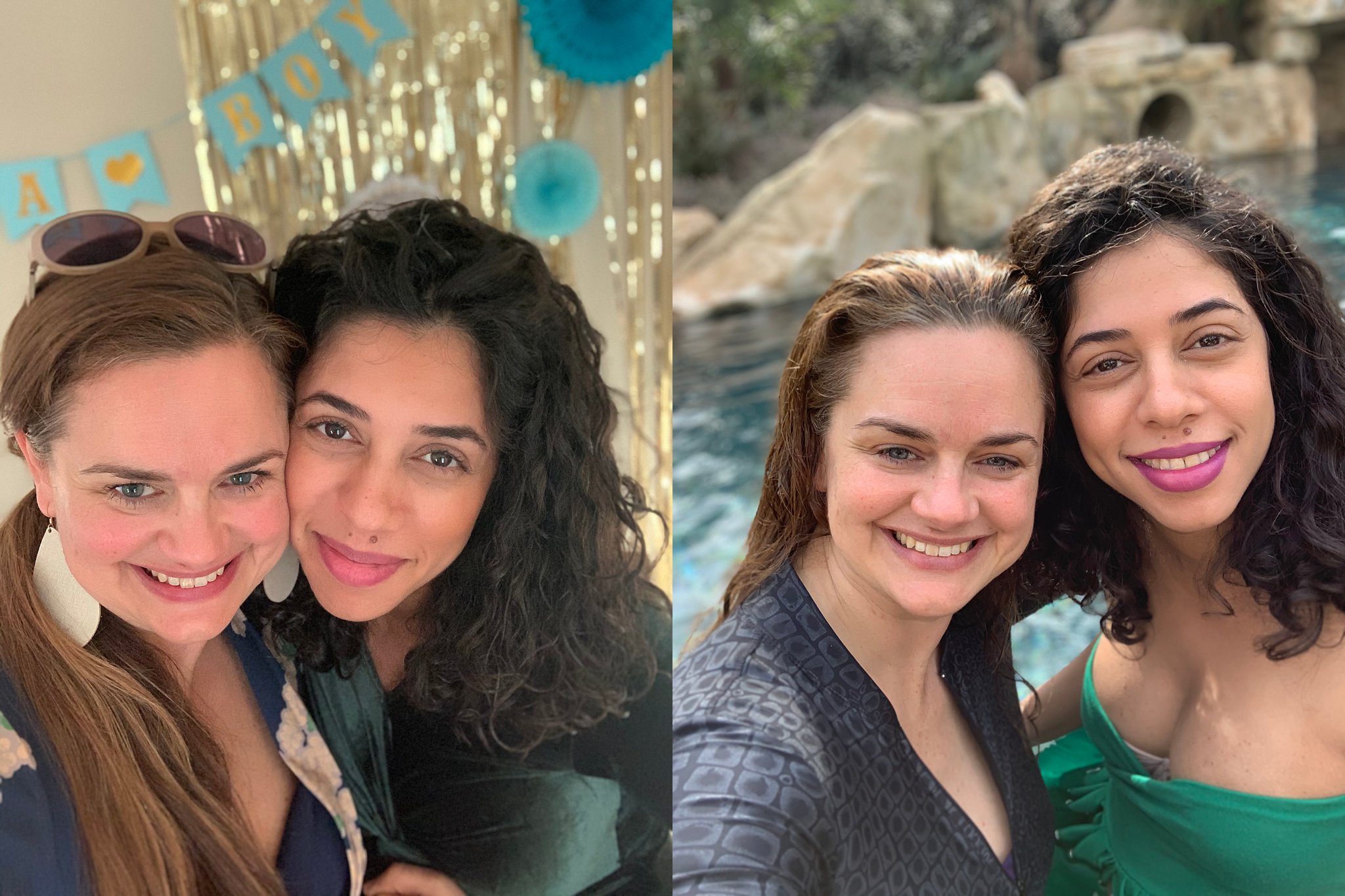 white woman and pregnant muslim woman at baby shower and in pool for underwater maternity session in green gown