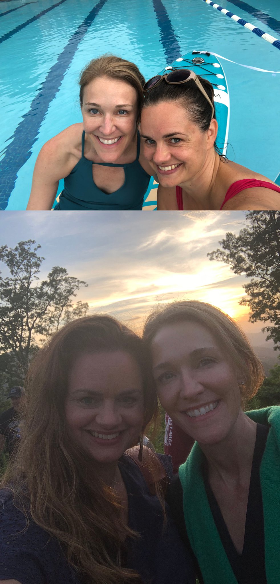 Strong Boss Moms by pool for SUP Yoga and in Mountains for Outdoor Concert