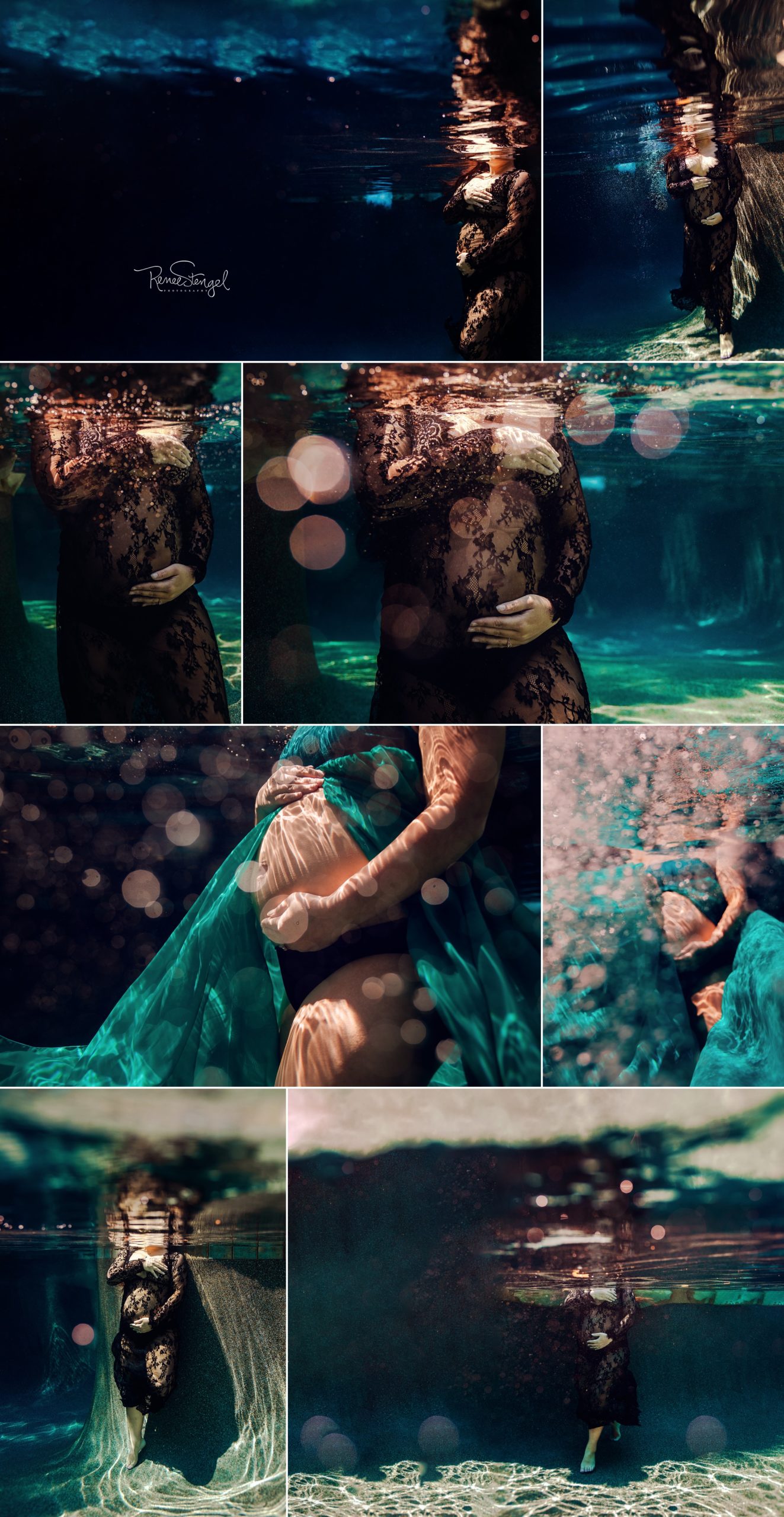 Underwater Maternity in Shallow Water with focus on baby bump in teal with soft bokeh and black lace with dramatic blues.