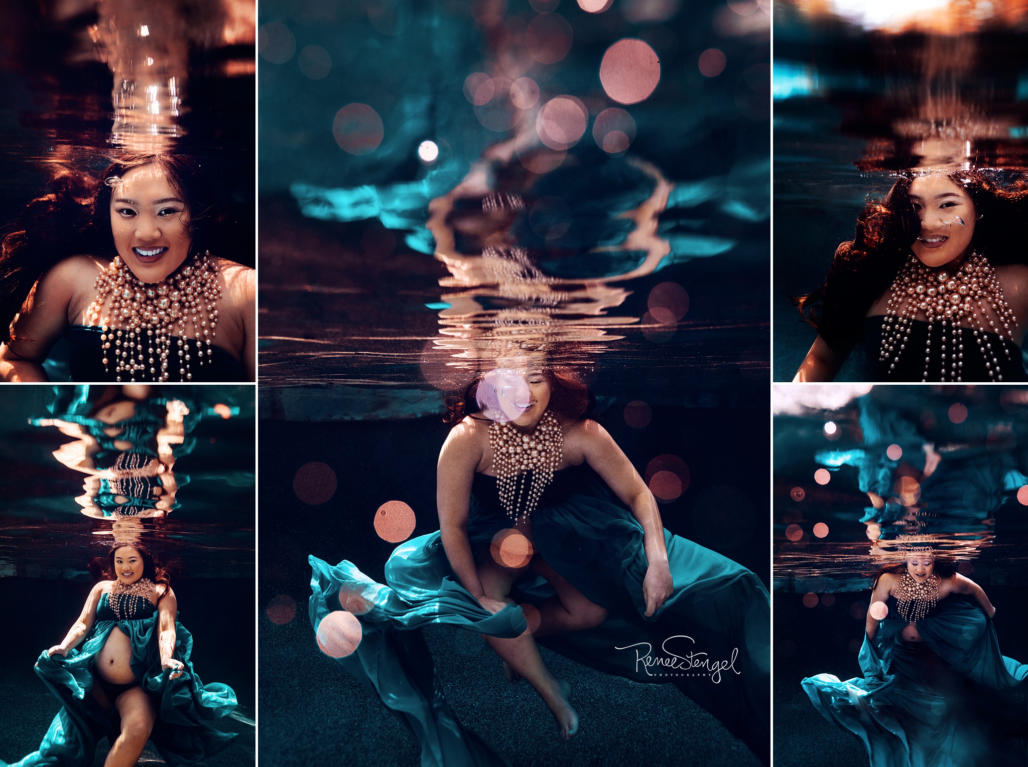 Underwater Maternity in Shallow Water with smiling and laughing pregnant Asian woman in waterfall pearls and Teal Gown