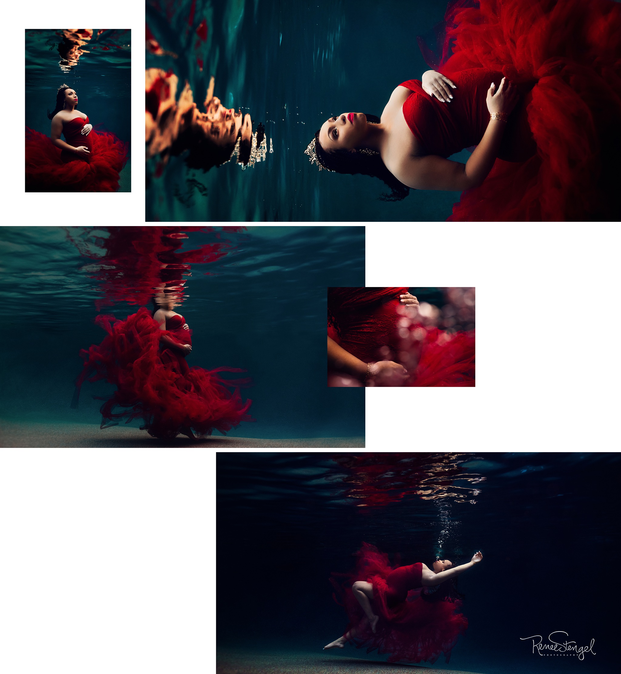 Red Underwater Maternity Custom Underwater Art Album Design Spread by Charlotte Underwater Photographer Renee Stengel Photography