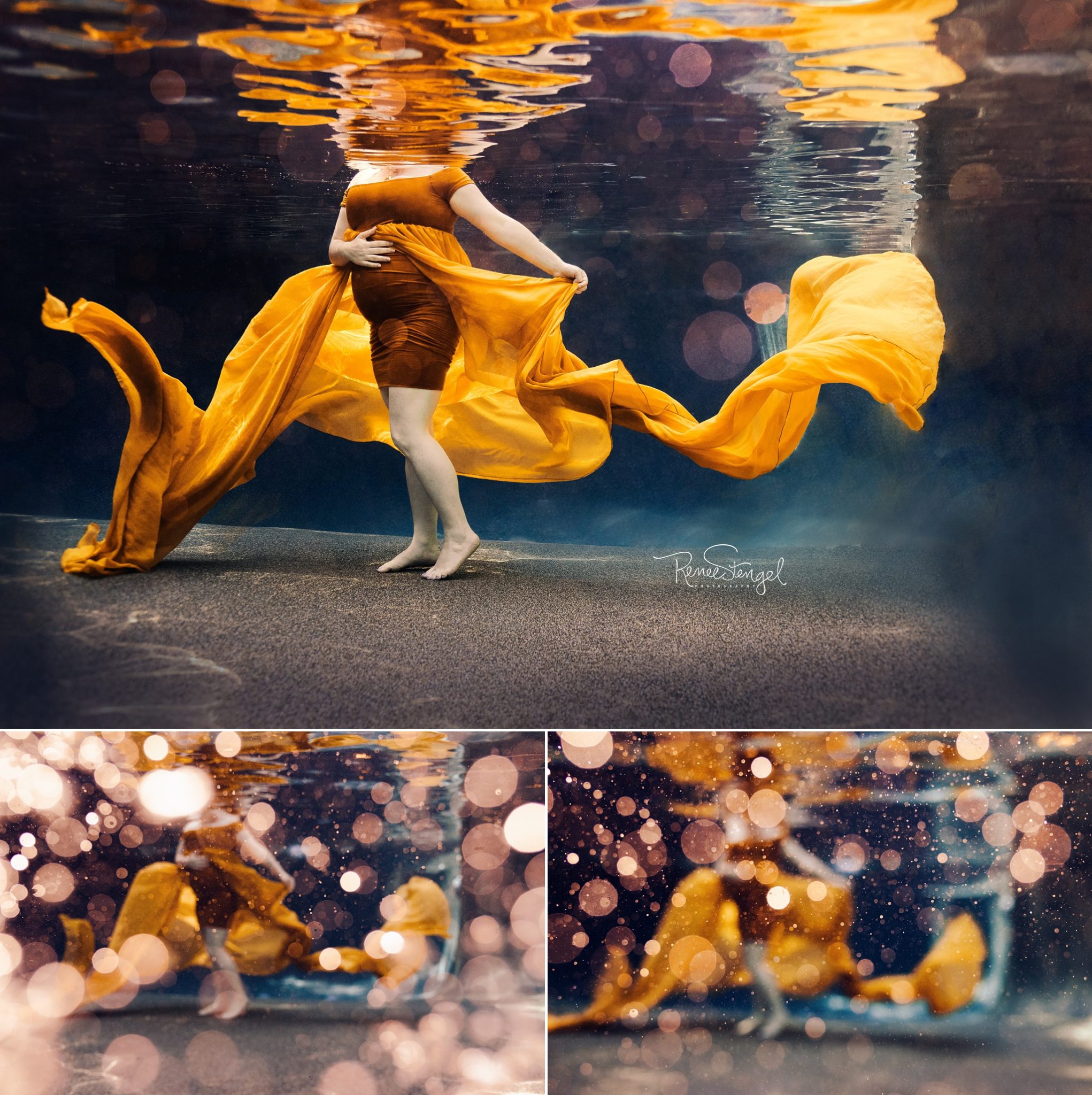 Underwater Maternity in Gold with soft bokeh bubbles of light