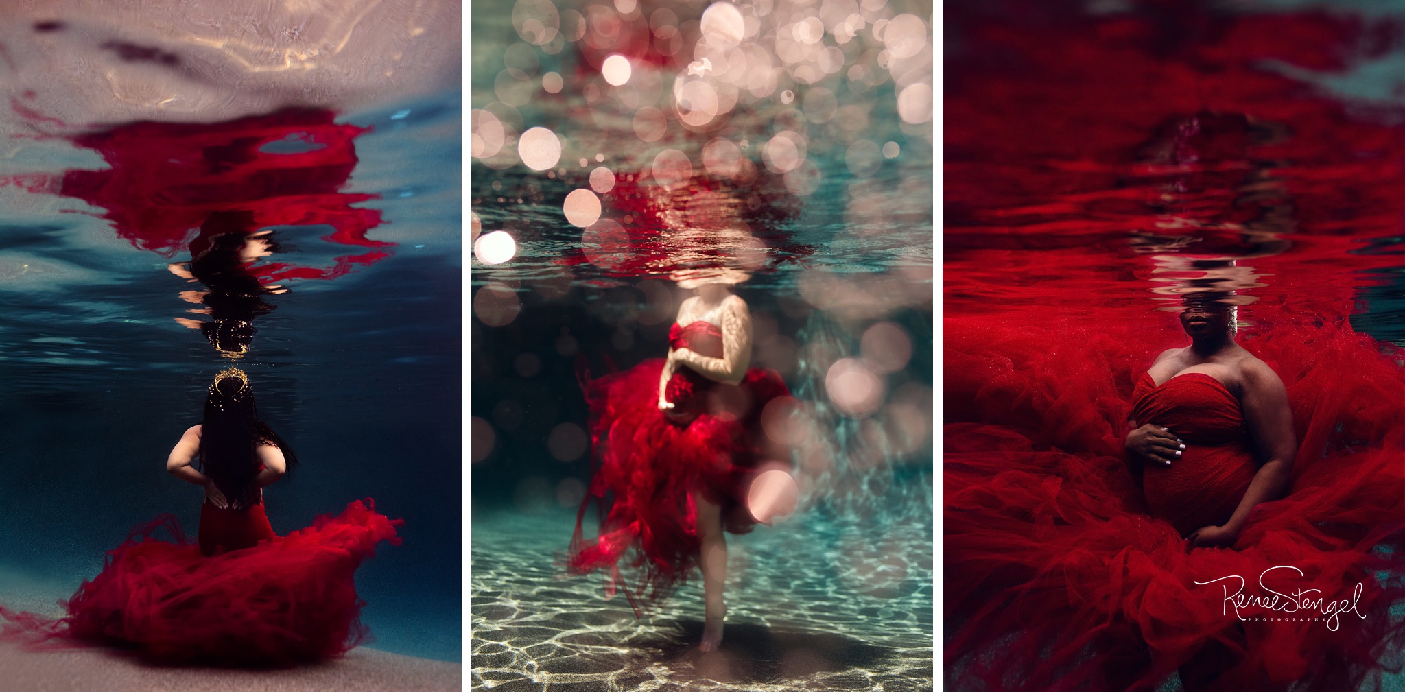 Underwater Maternity Photography using Red Celine Gown from Sew Trendy Accessories