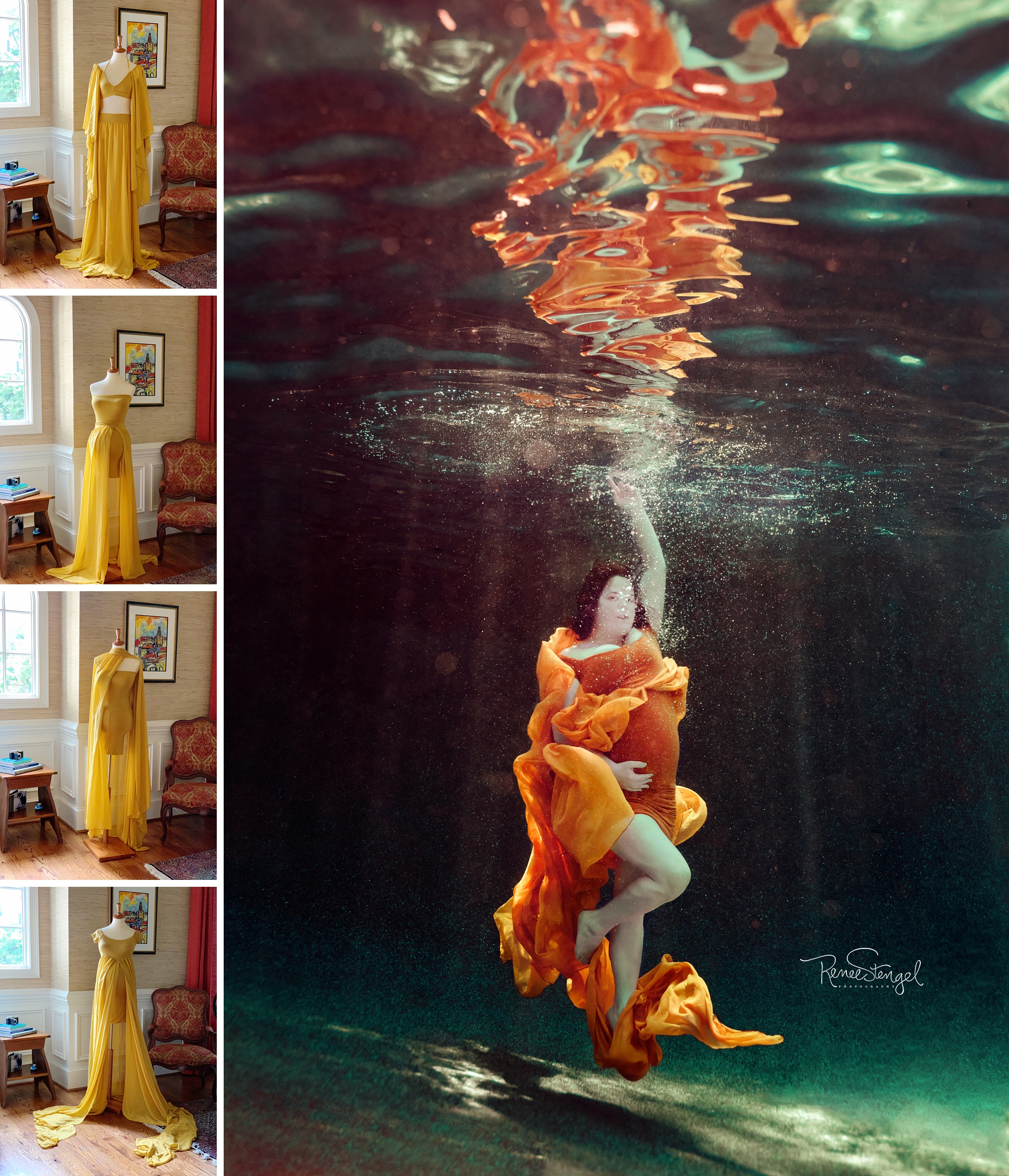 Underwater Maternity Photo and Studio Closet Collection of Gold Chiffon and Knit Couture Gowns from Sew Trendy Accessories