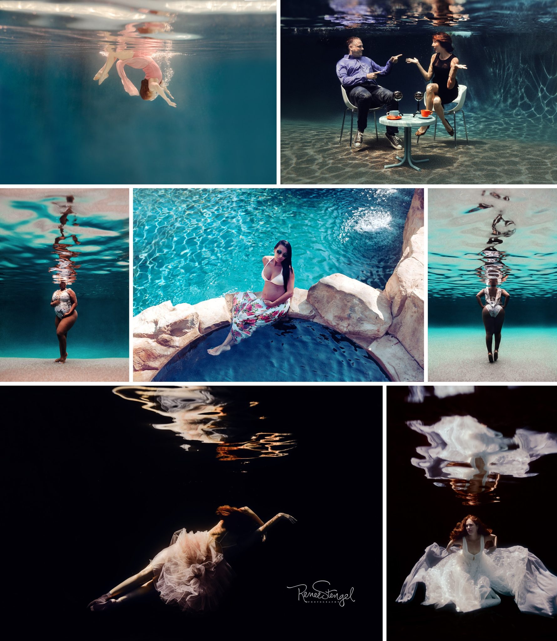 Examples of Client Outfits and Fashion in Underwater Maternity and Underwater Creative Portrait Sessions