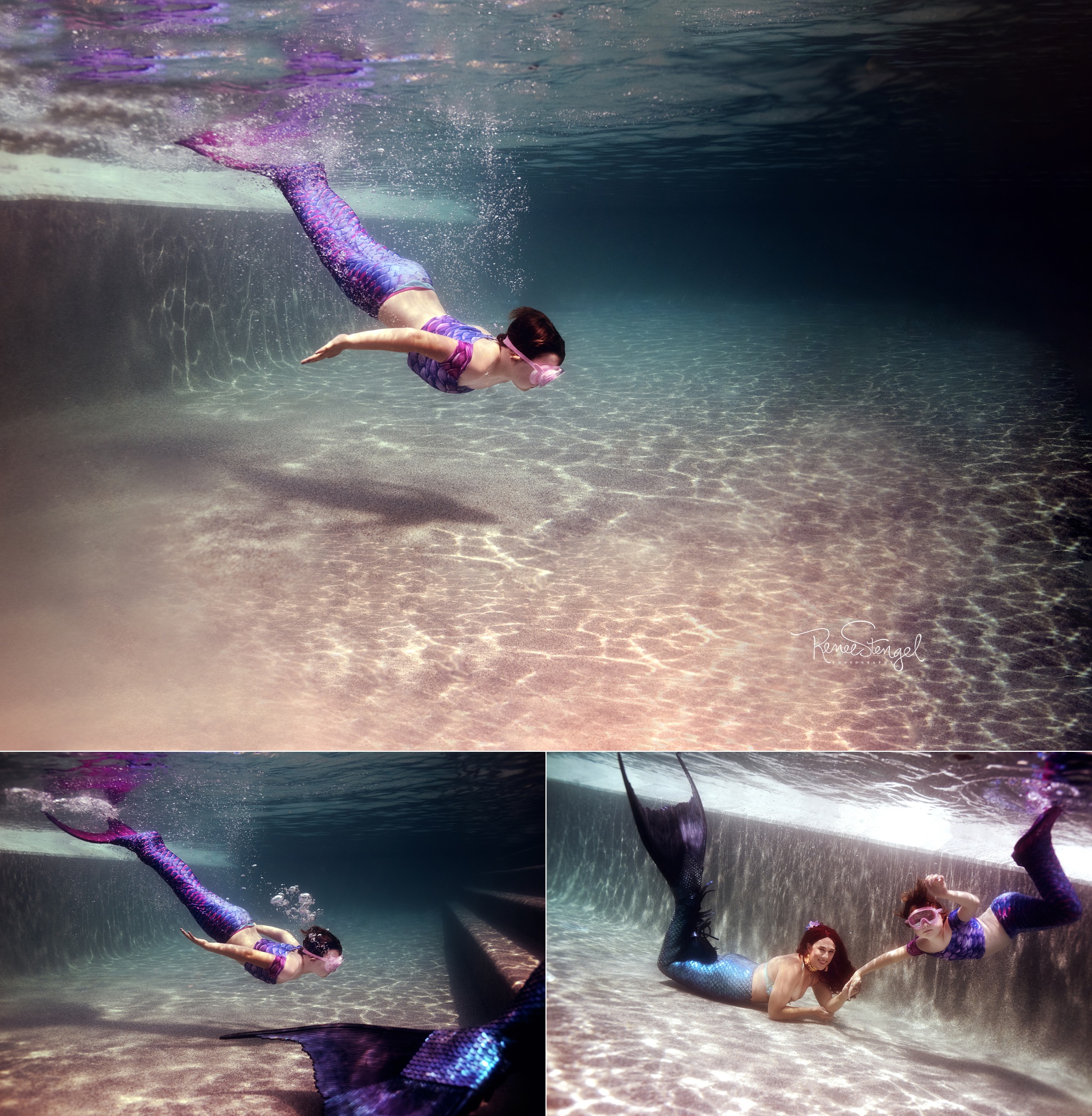 Make A Wish Mermaid in Mertailor Pink and Purple Mermaid Tail with bubbles in light blue pool in Charlotte NC