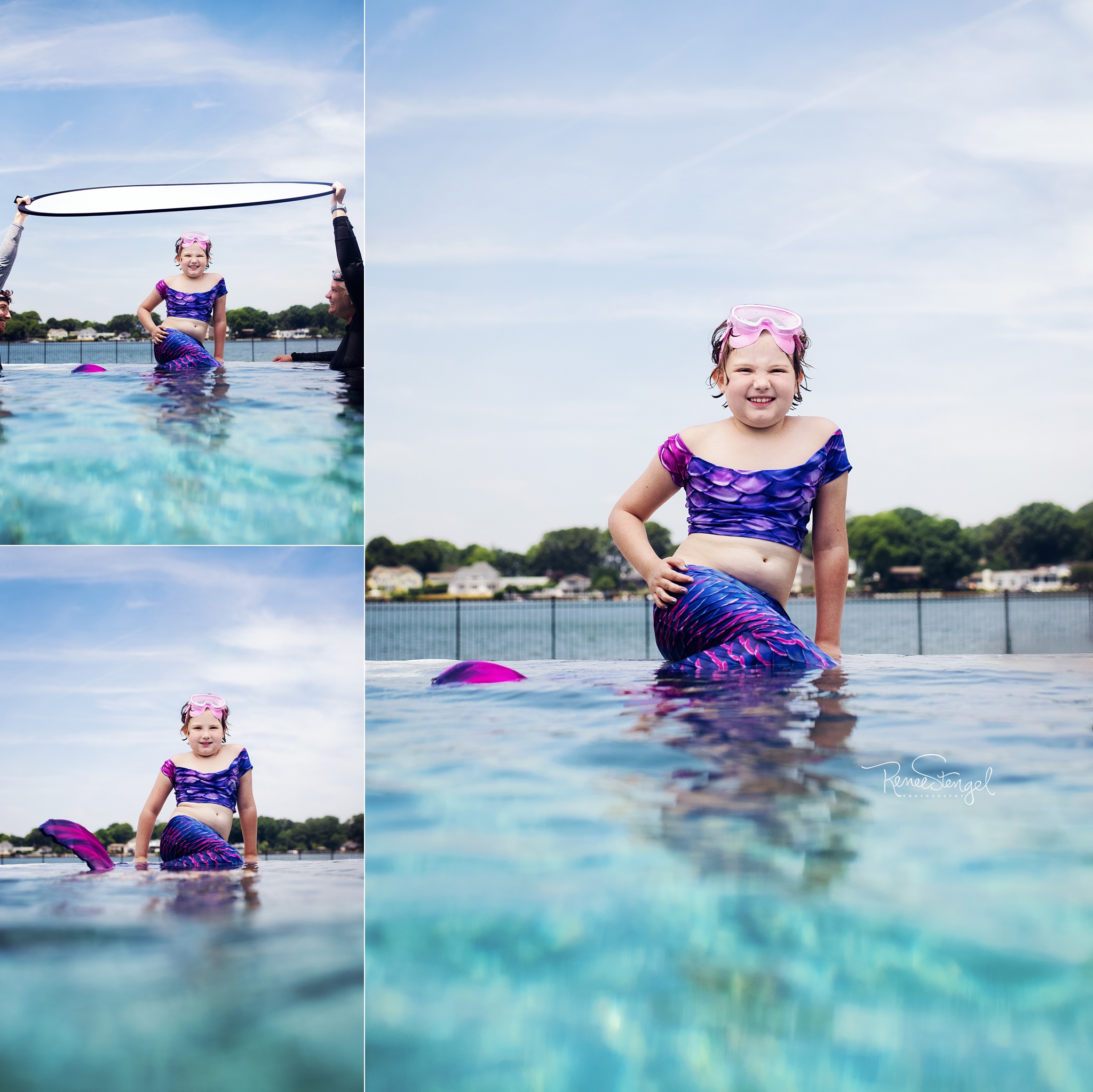Make A Wish Mermaid with Mermaid Shannon Mertailor Mermaid Tails on edge of infinity pool against Lake Norman North Carolina
